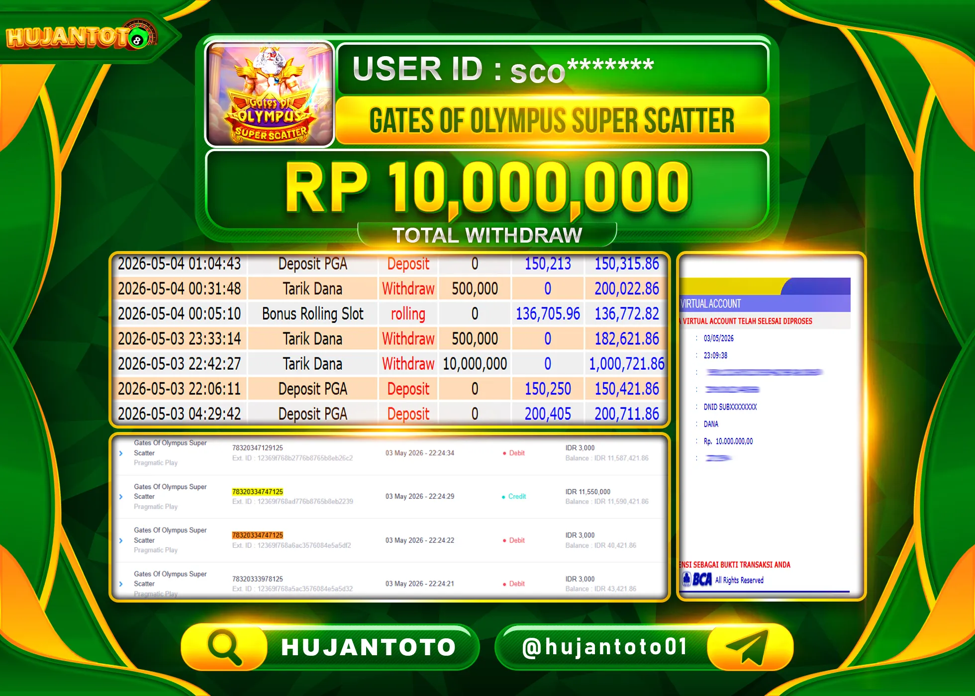 HUJANTOTO - BUKTI JACKPOT MENANG SLOT GATES OF OLYMPUS SUPER SCATTER Rp.10,000,000 - TERBAYAR LUNAS