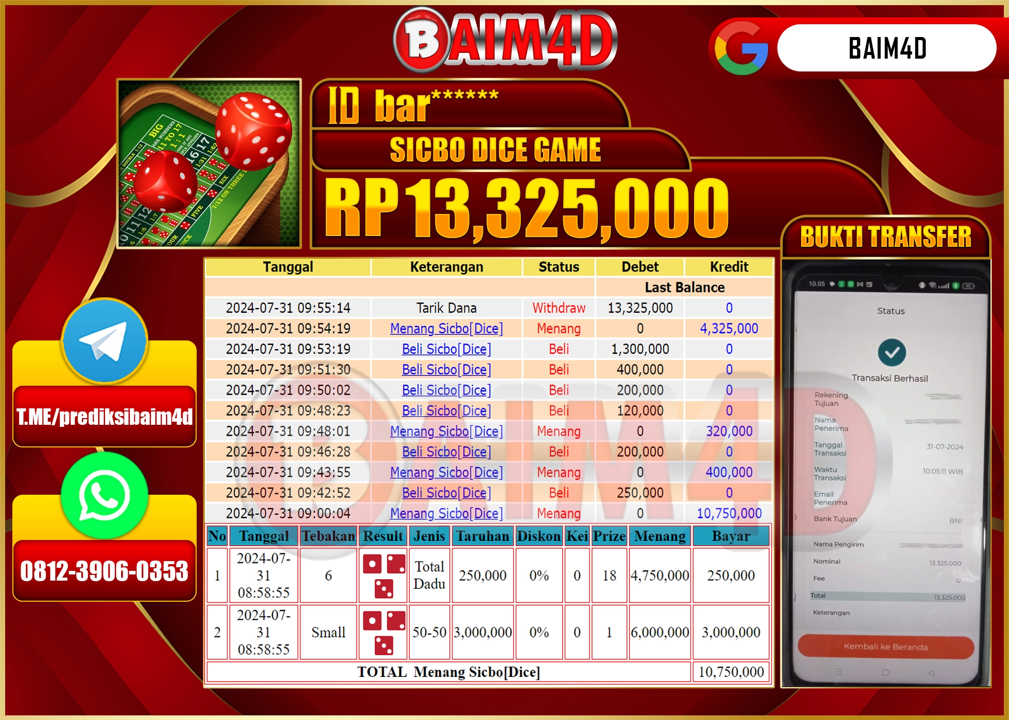 BAIM4D JACKPOT  SICBO DICE GAME Rp.13.325,000.- LUNAS