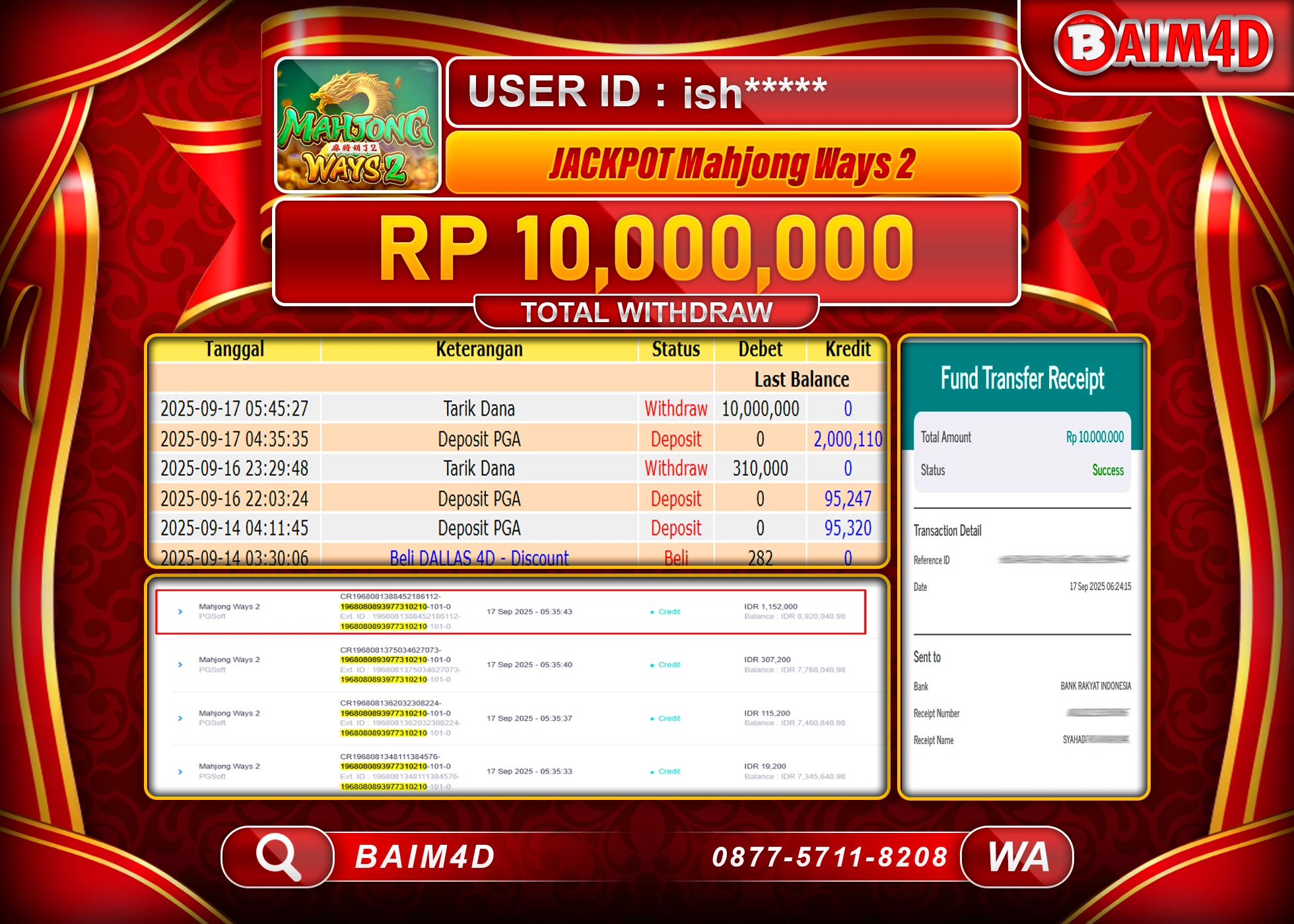 BAIM4D JACKPOT SLOT MAHJONG WAYS 2 PGSOFT  Rp.10,000,000.- LUNAS