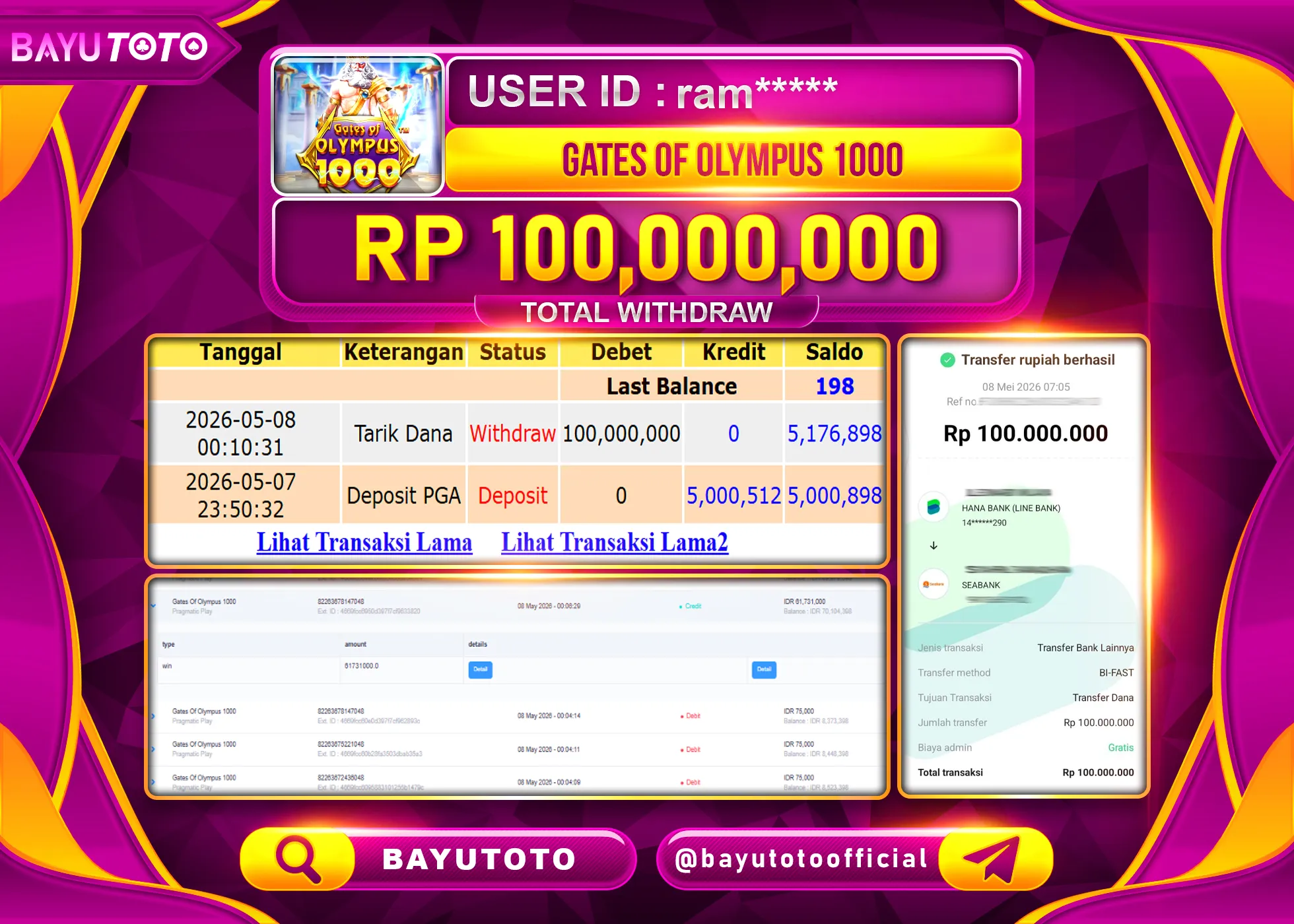 SELAMAT MEMBER SETIA BAYUTOTO JACKPOT DI SLOT GATES OF OLYMPUS 1000 Rp. 100,000,000 LUNAS