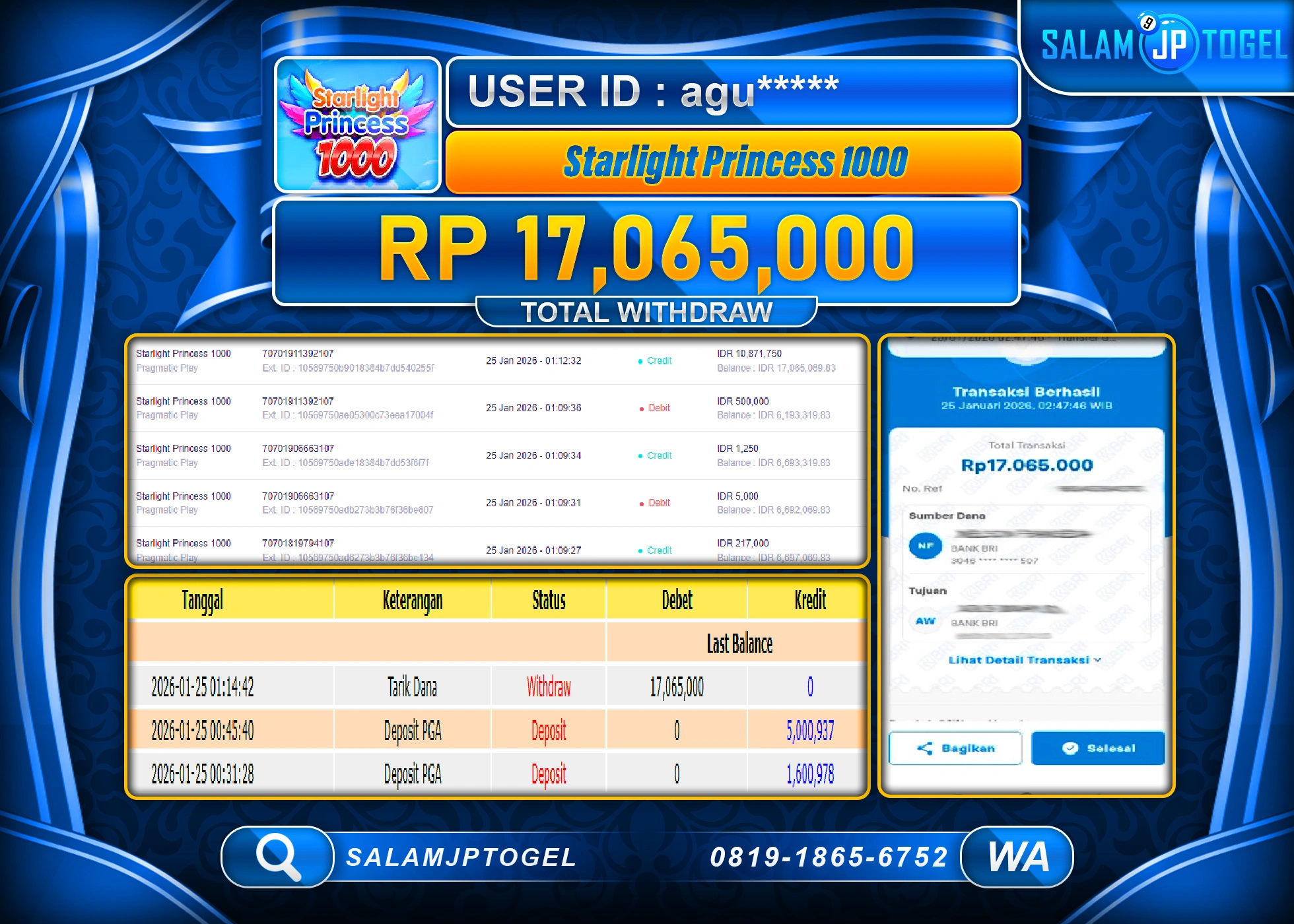 SALAMJPTOGEL JACKPOT STARLIGHT PRINCESS 1000 Rp.17,065,000 - LUNAS