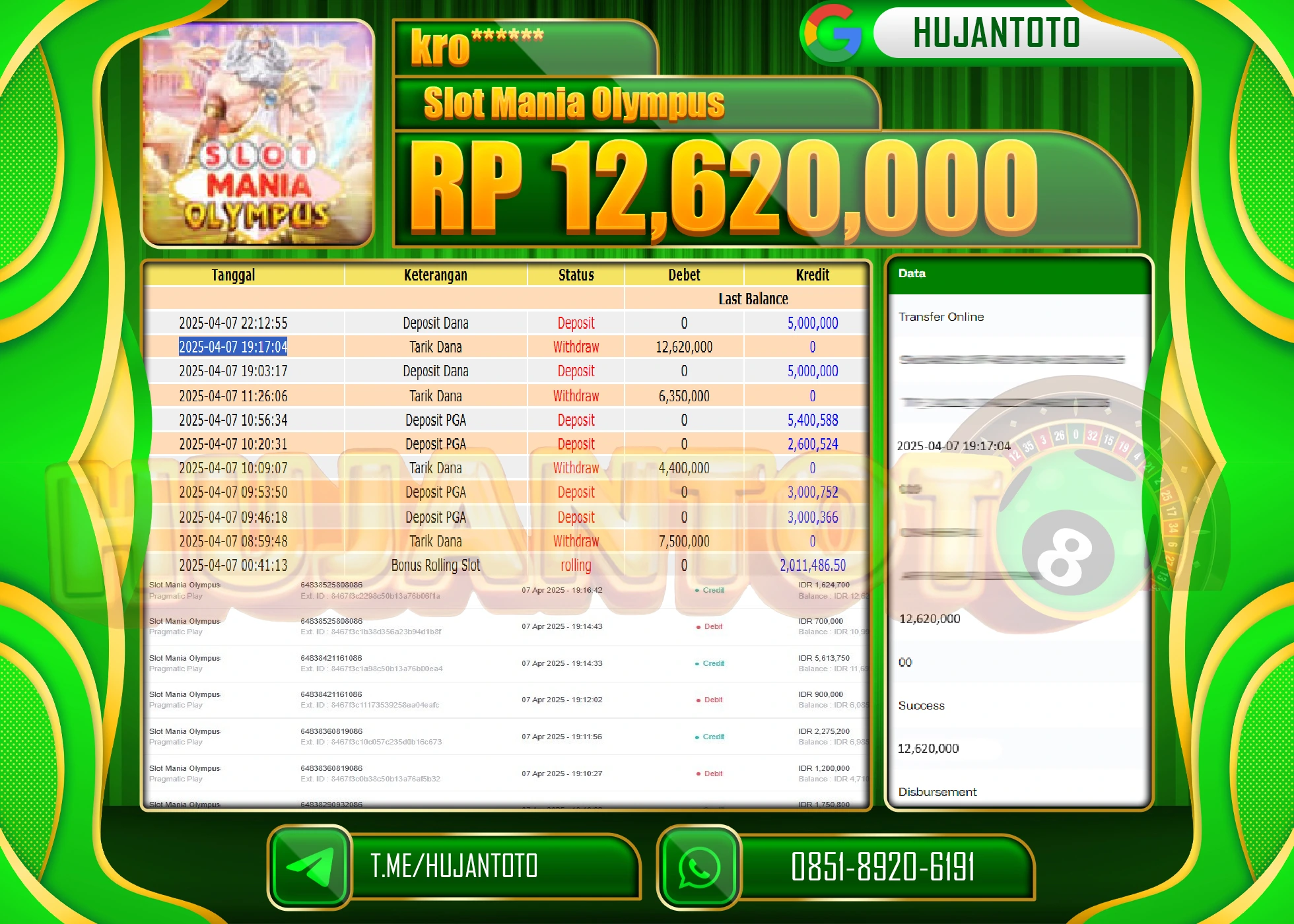 HUJANTOTO - BUKTI JACKPOT MENANG  SLOT MANIA OLYMPUS Rp,12,620,000 - TERBAYAR LUNAS