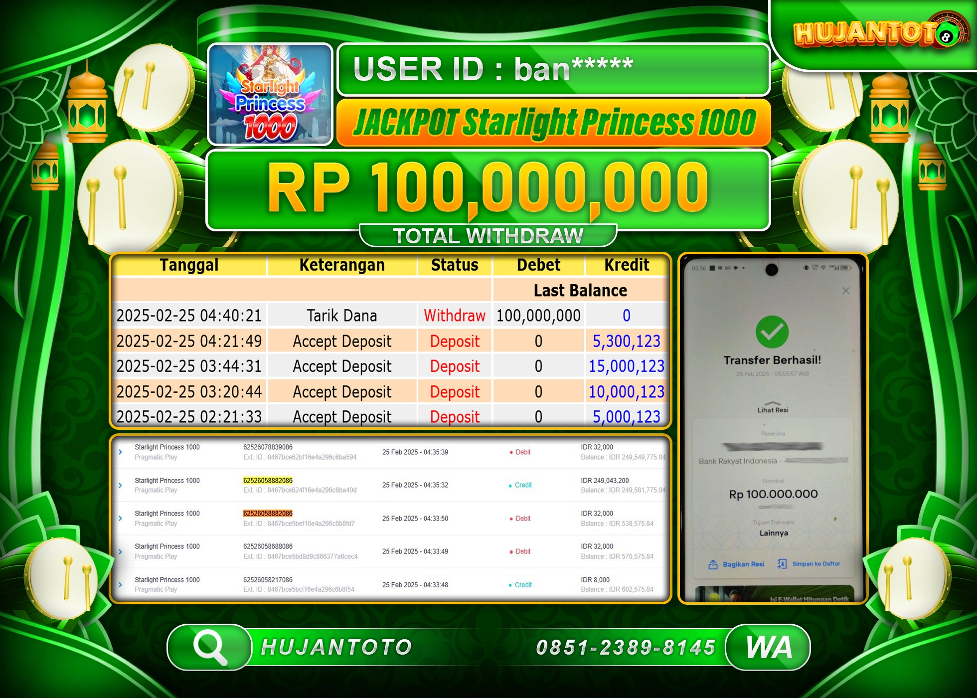 HUJANTOTO - BUKTI JACKPOT MENANG SLOT STARLIGHT PRINCESS 1000 Rp,100,000,000 - TERBAYAR LUNAS