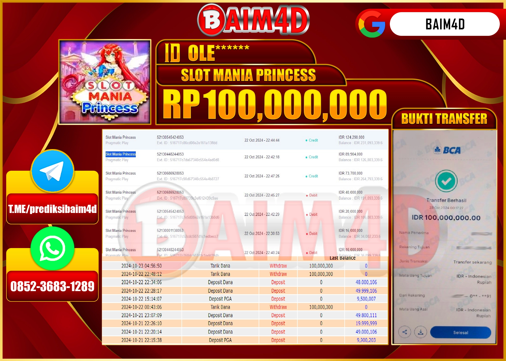 BAIM4D JACKPOT SLOT MANIA PRINCESS Rp.100.000,000.- LUNAS