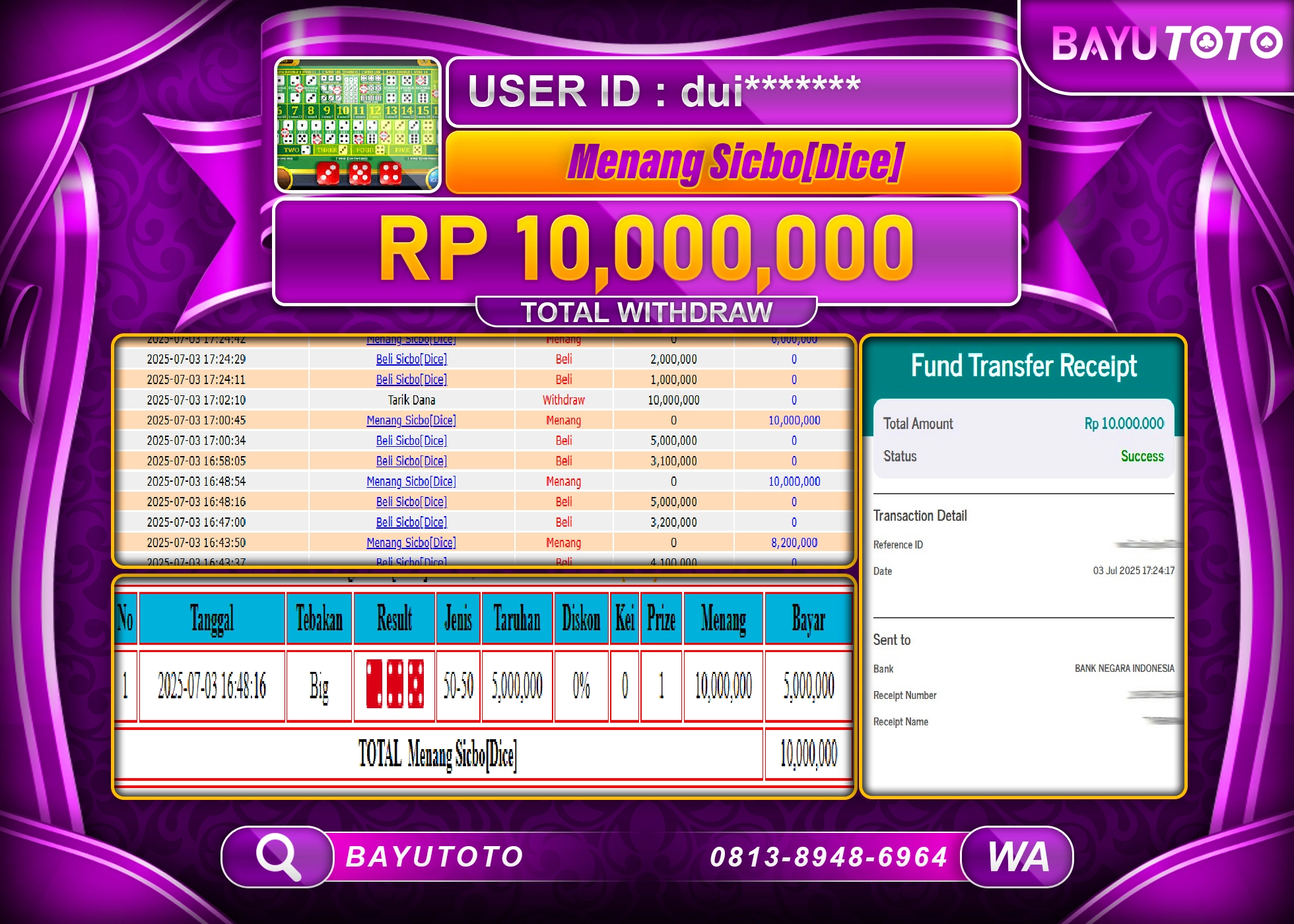 BAYUTOTO JACKPOT DI PERMAINAN LIVE GAMES Sicbo [Dice] Rp.10,000,000 LUNAS