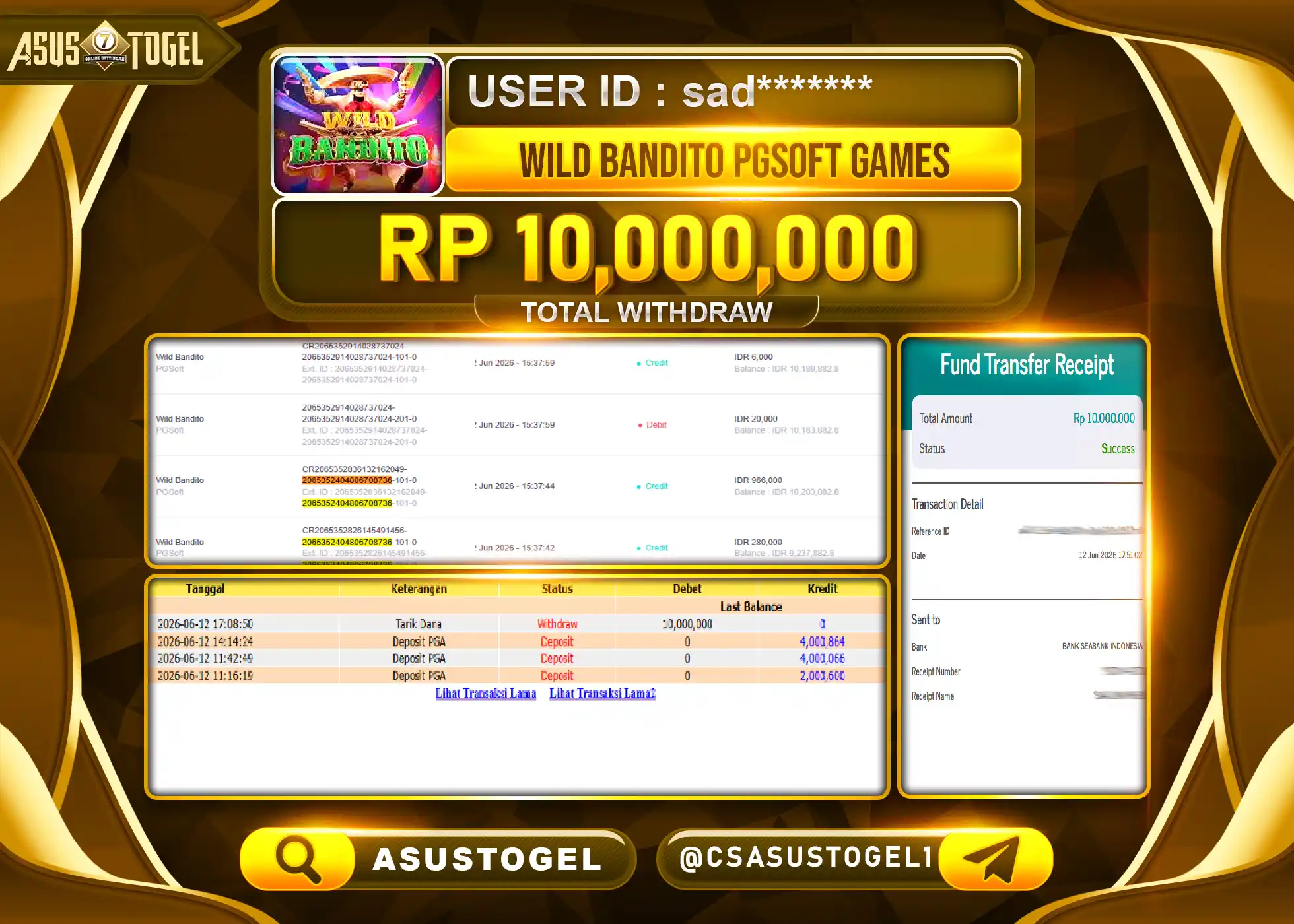 ASUSTOGEL KEMENANGAN JACKPOT PERMAINAN SLOT WILD BANDITO PGSOFT Rp.10,000,000 - RUPIAH LUNAS