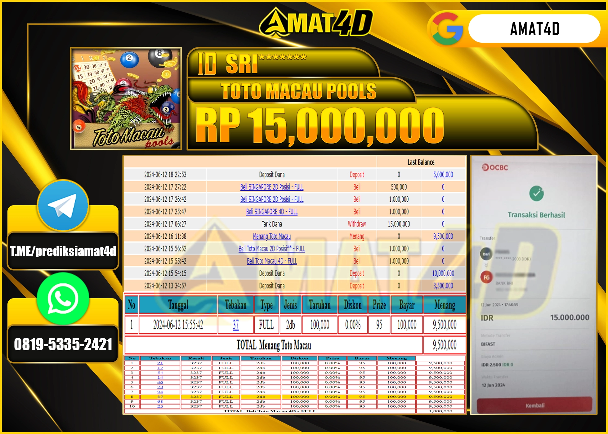AMAT4D KEMENANGAN PASARAN TOTO MACAU Rp.15.000.000 BERHASIL TERBAYAR LUNAS !