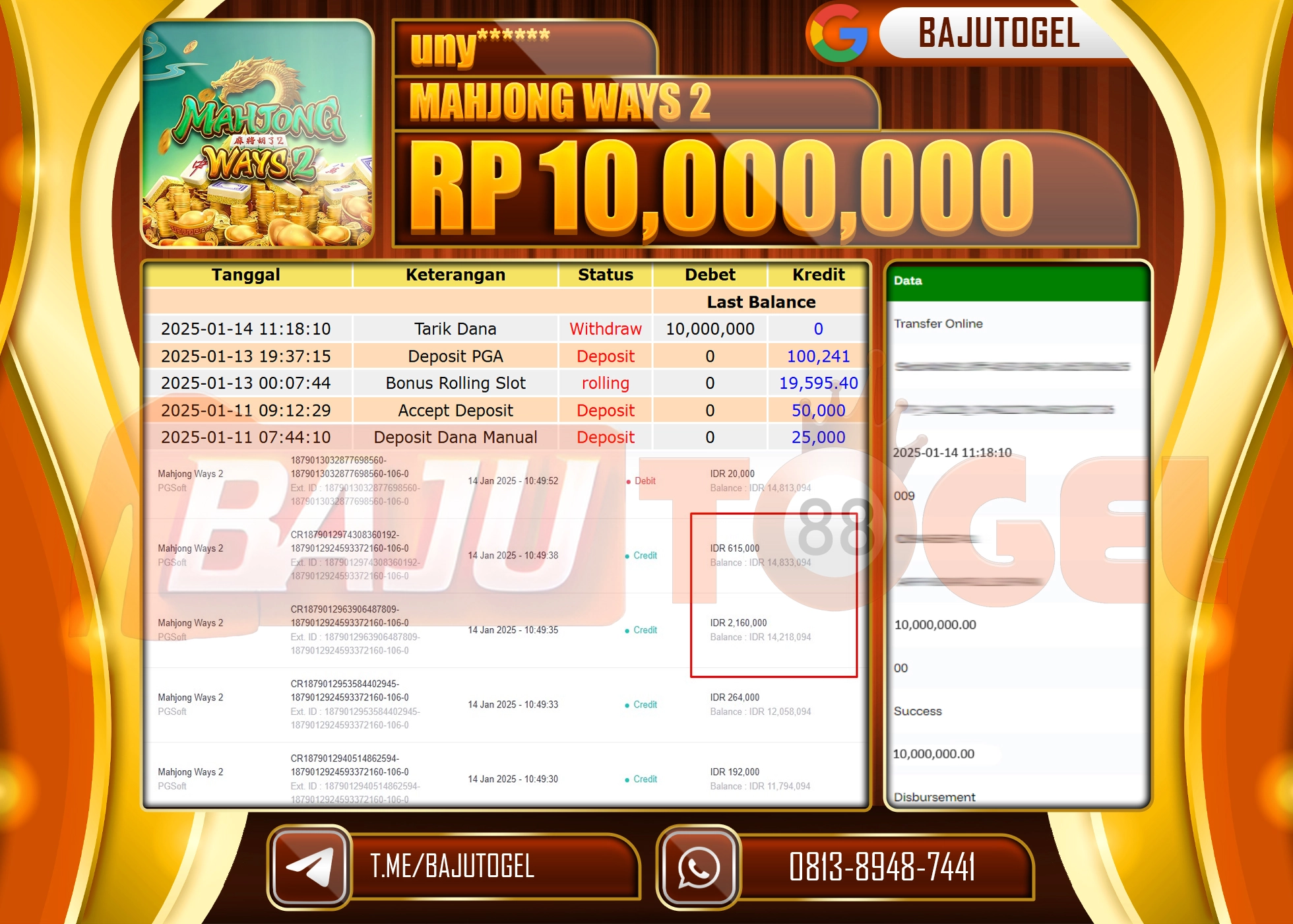 BAJUTOGEL JACKPOT MAHJONG WAYS 2 Rp.10.000.000 LUNAS