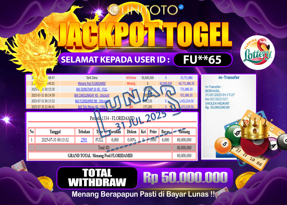 LINITOTO JACKPOT TOGEL FLORIDA EVE Rp.50.000.000,- LUNAS