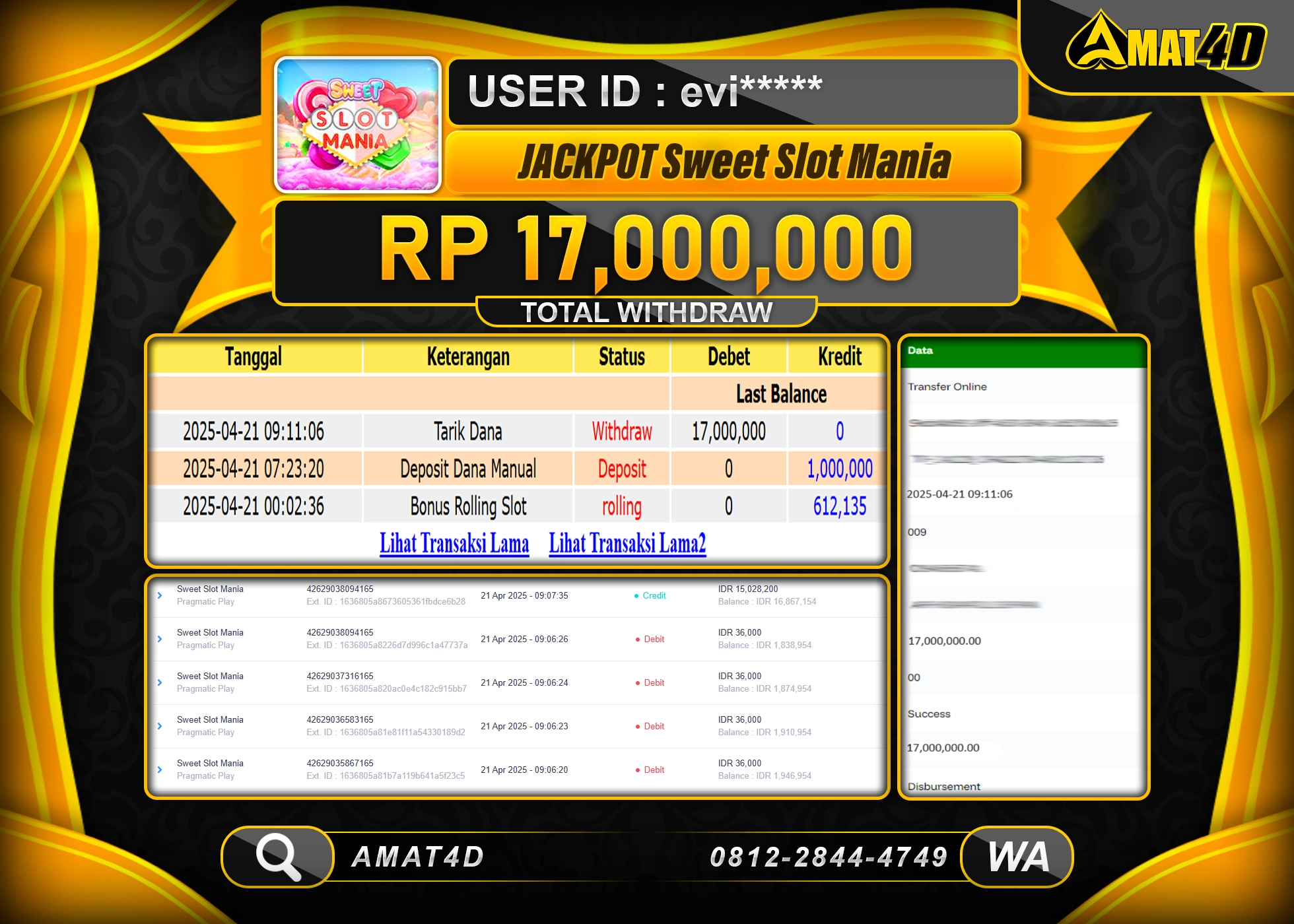 AMAT4D KEMENANGAN SWEET SLOT MANIA Rp.17.000.000 BERHASIL TERBAYAR LUNAS