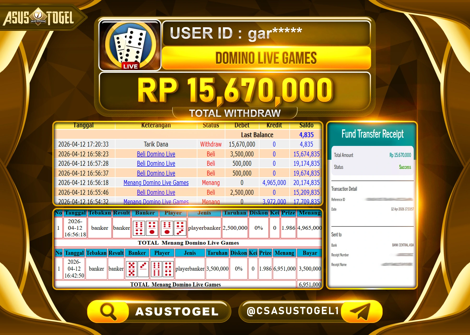ASUSTOGEL KEMENANGAN JACKPOT DI PERMAINAN DOMINO LIVEGAME  SEBESAR Rp.15,670,000 - RUPIAH LUNAS