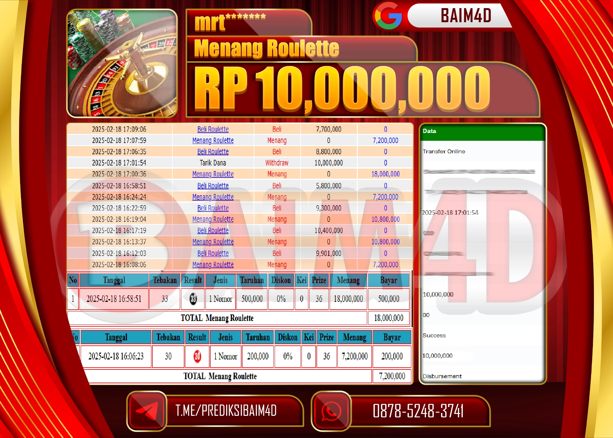 BAIM4D MENANG  ROULLETE LIVEGAME Rp.10.000,000.
