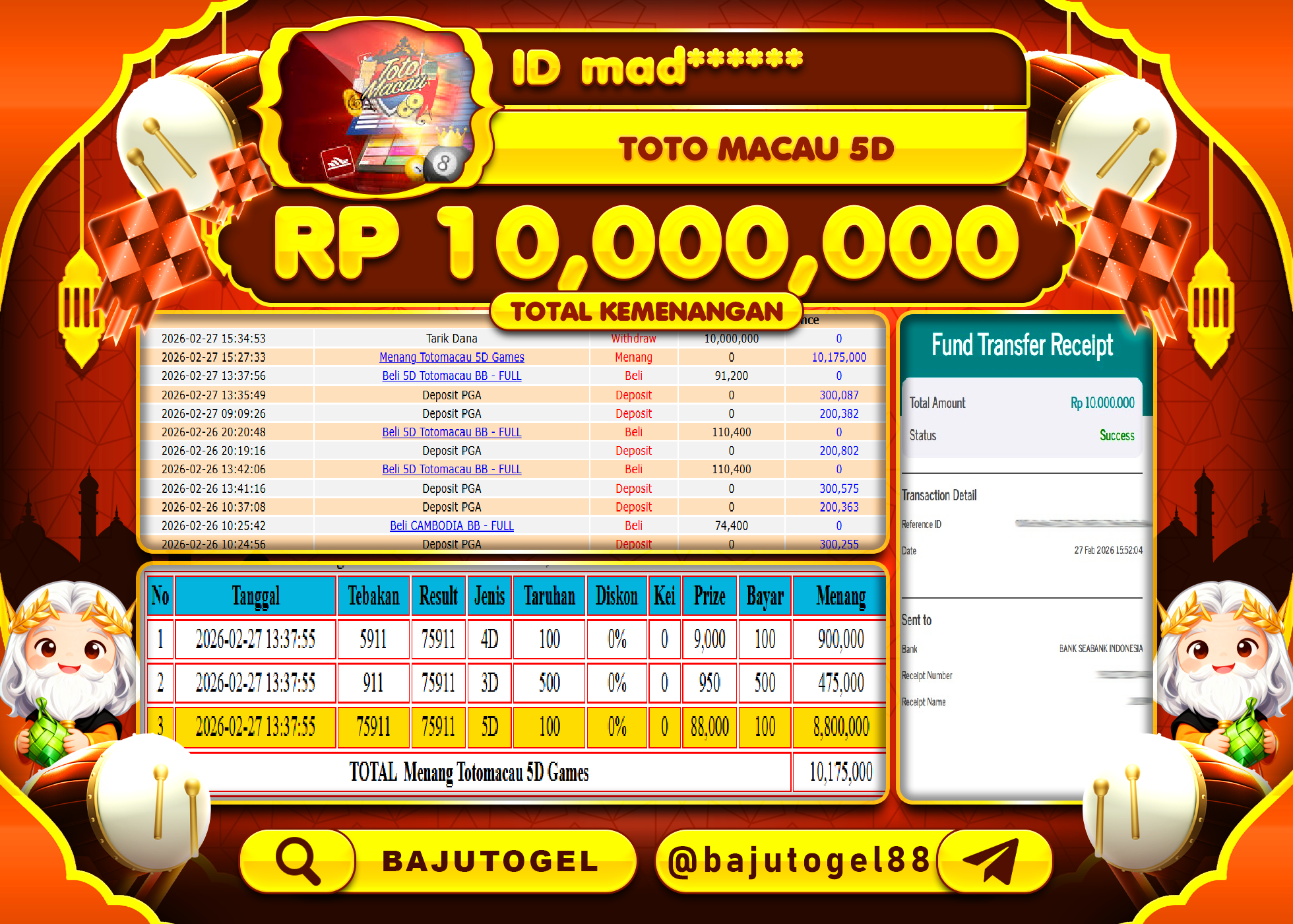 BAJUTOGEL KEMENANGAN JACKPOT DI TOGEL TOTO MACAU 5D Rp.10,000,000 LUNAS