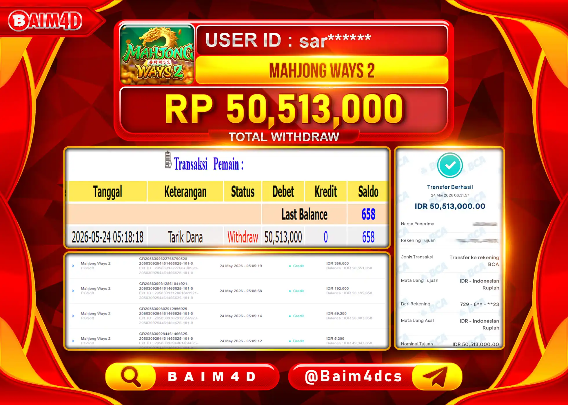 BAIM4D JACKPOT SLOT MAHJONG WAYS 2 Rp.50,513,000 - LUNAS