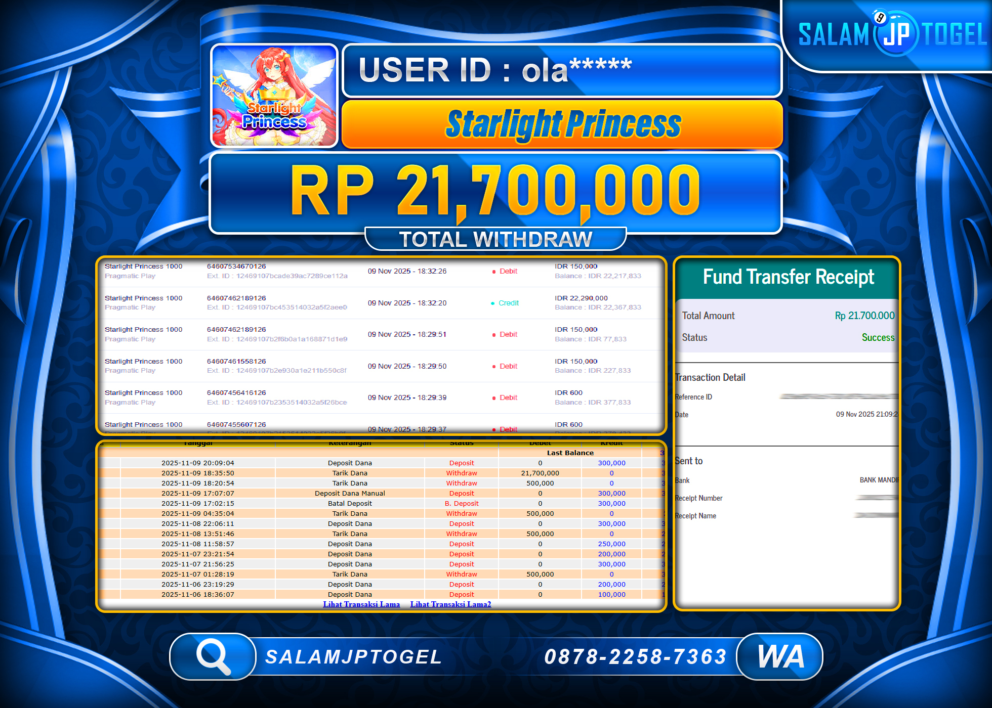 SALAMJPTOGEL MENANG SLOT STARLIGHT PRINCESS Rp.21,700,000  - LUNAS