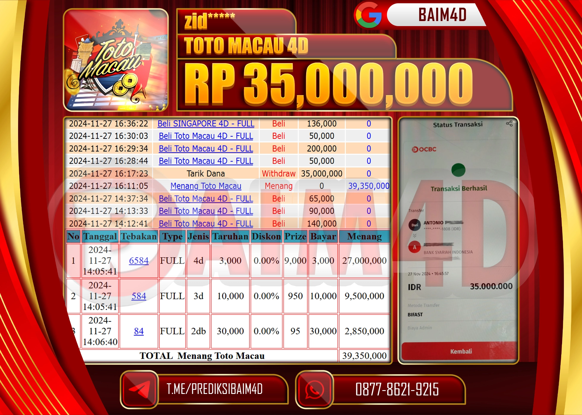 BAIM4D JACKPOT TOTO MACAU Rp.35.000,000.- LUNAS