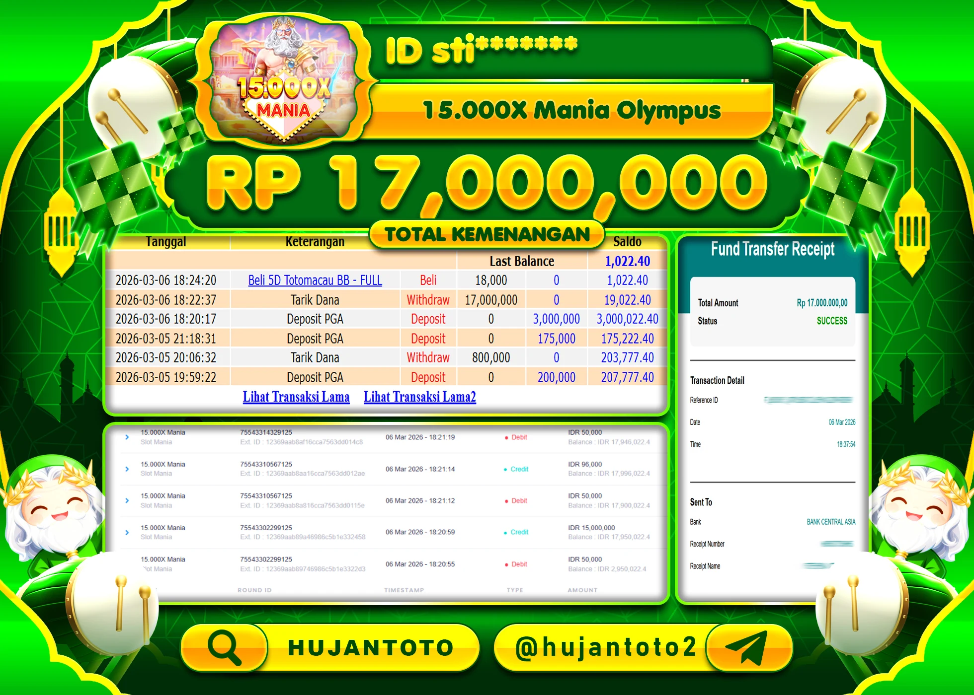 HUJANTOTO - BUKTI JACKPOT MENANG SLOT 15.000X MANIA OLYMPUS  Rp.17,000,000 - TERBAYAR LUNAS