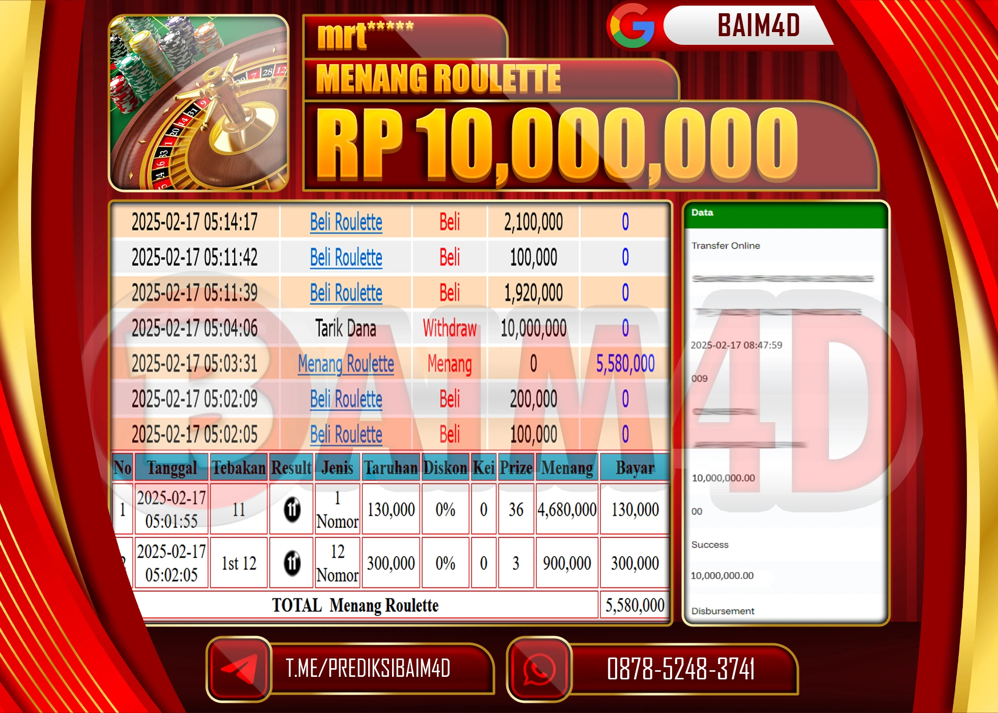 BAIM4D MENANG  MENANG ROULLETE GAMES   Rp.10.000,000.