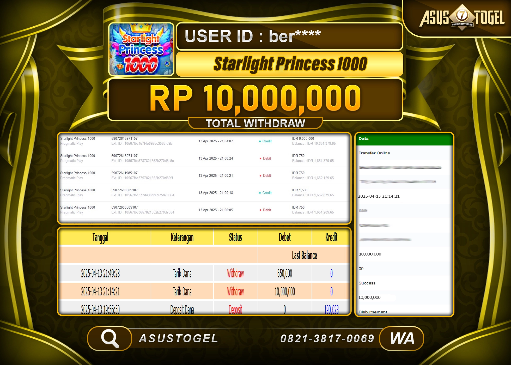 ASUSTOGEL KEMENANGAN DI SLOT STARLIGHT PRINCESS 1000 SEBESAR 10,000,000- RUPIAH LUNAS