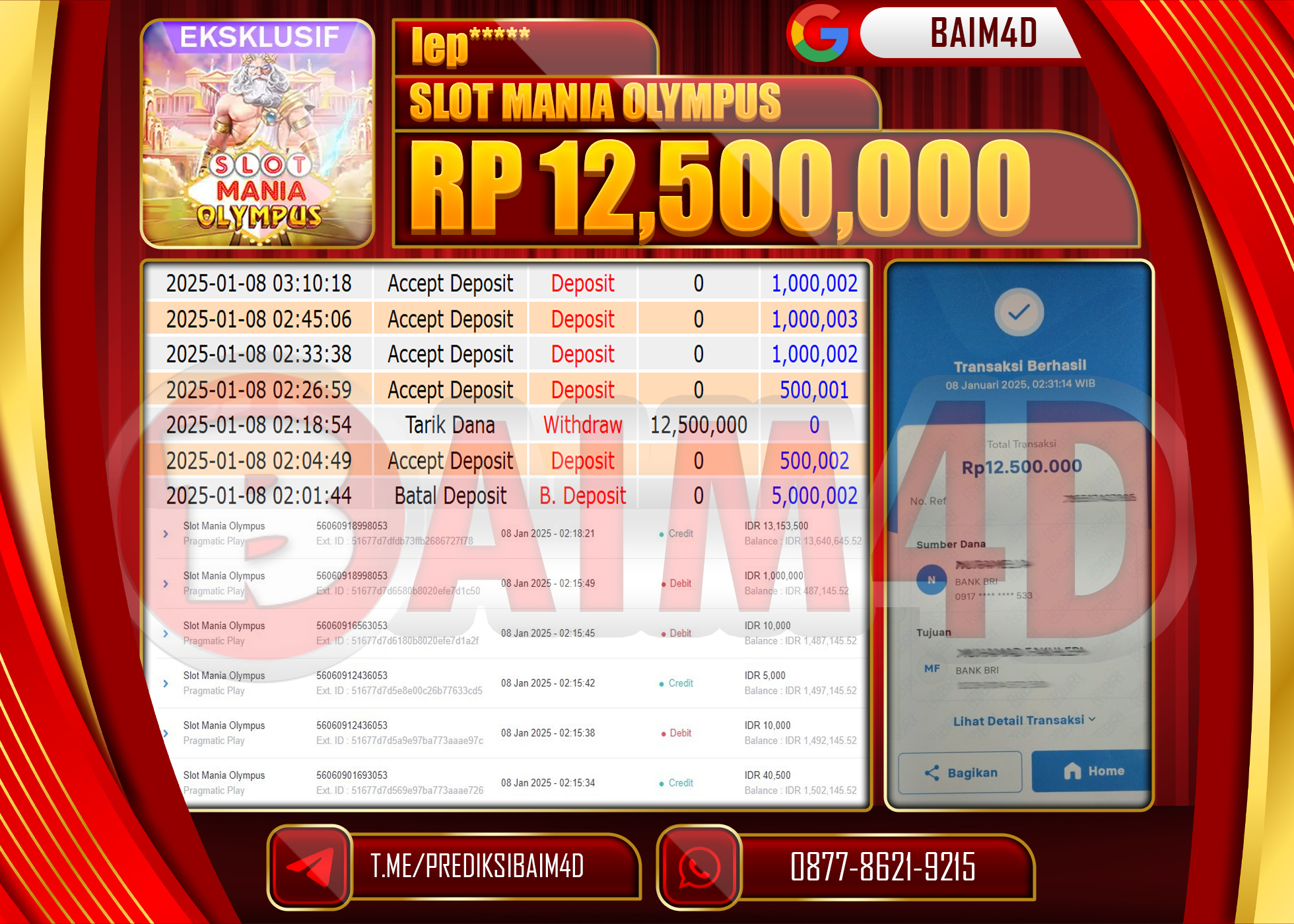 BAIM4D JACKPOT Menang SLOT MANIA OLYMPUS Rp.12,500,000.- LUNAS
