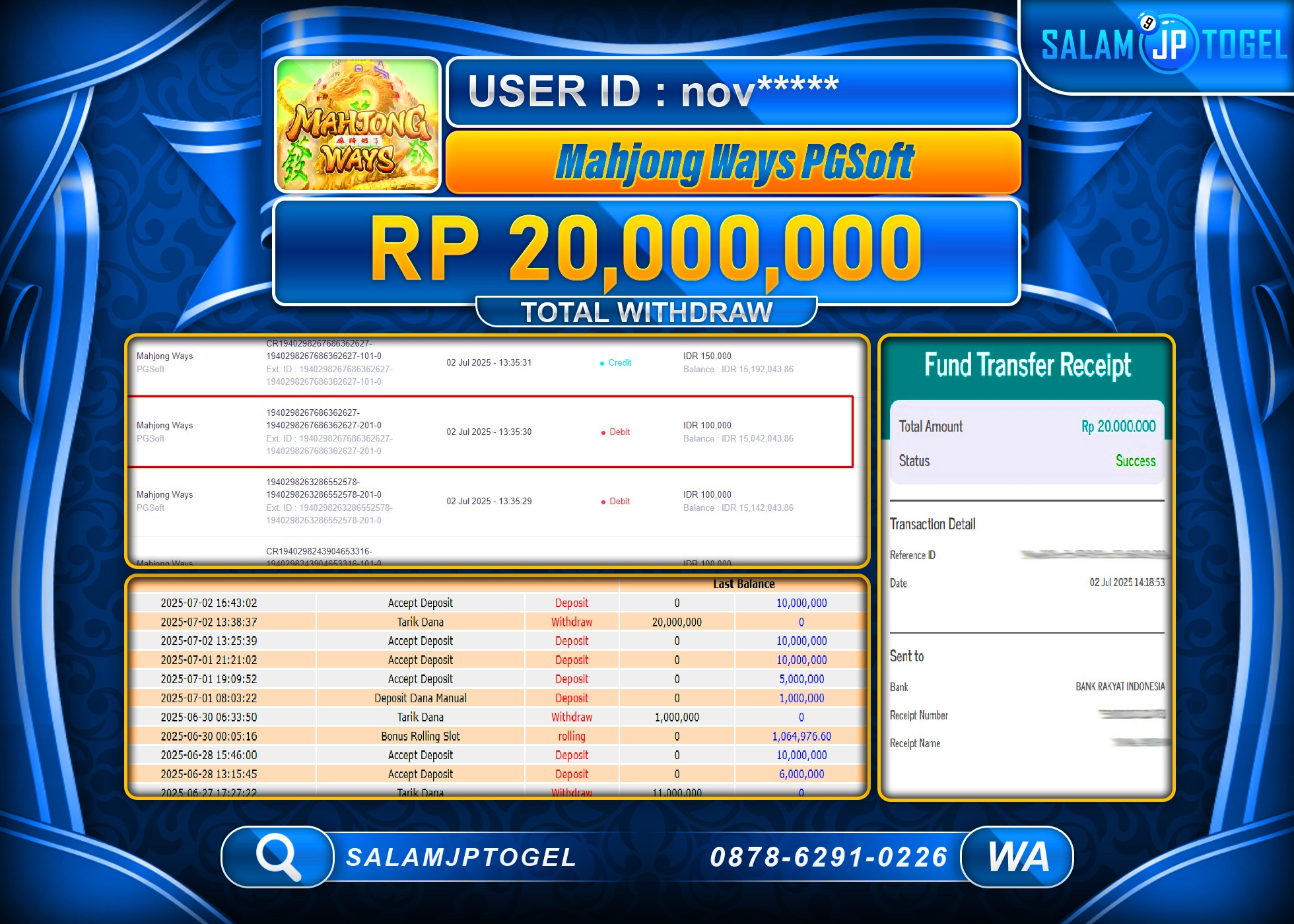 SALAMJPTOGEL MENANG Mahyong Ways PGSOFT Rp.20,000,000 LUNAS