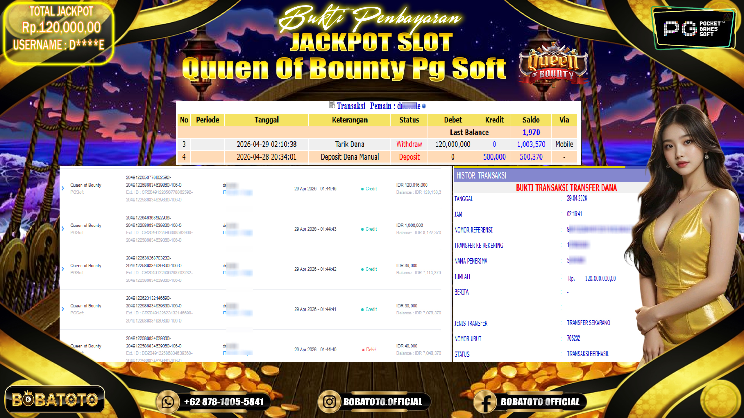 BOBATOTO JACKPOT SLOT QUEEN OF BOUNTY PG SOFT  Rp.120,000,000,- LUNAS!!!