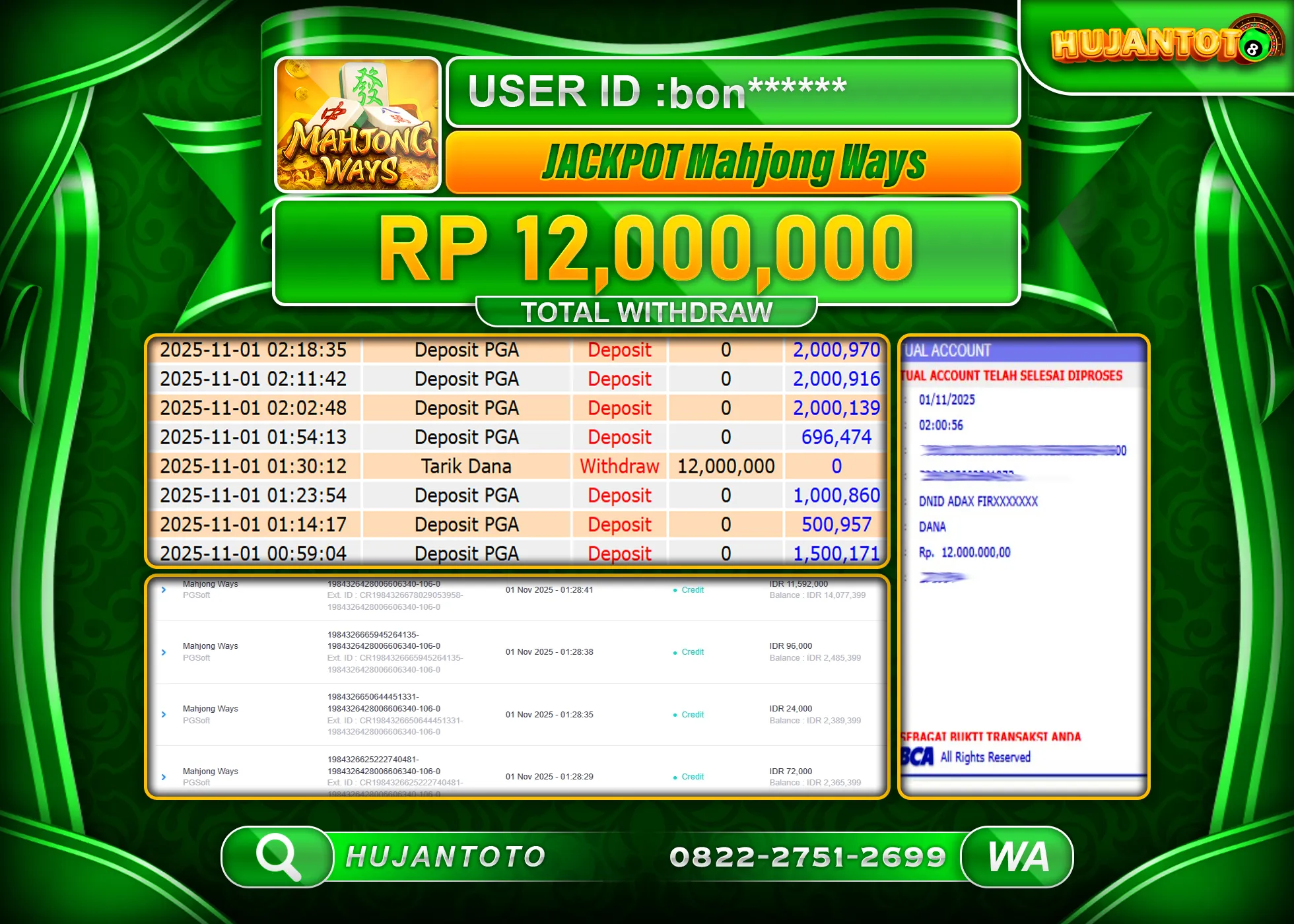 HUJANTOTO - BUKTI JACKPOT MENANG SLOT MAHJONG WAYS Rp.12,000,000 - TERBAYAR LUNAS
