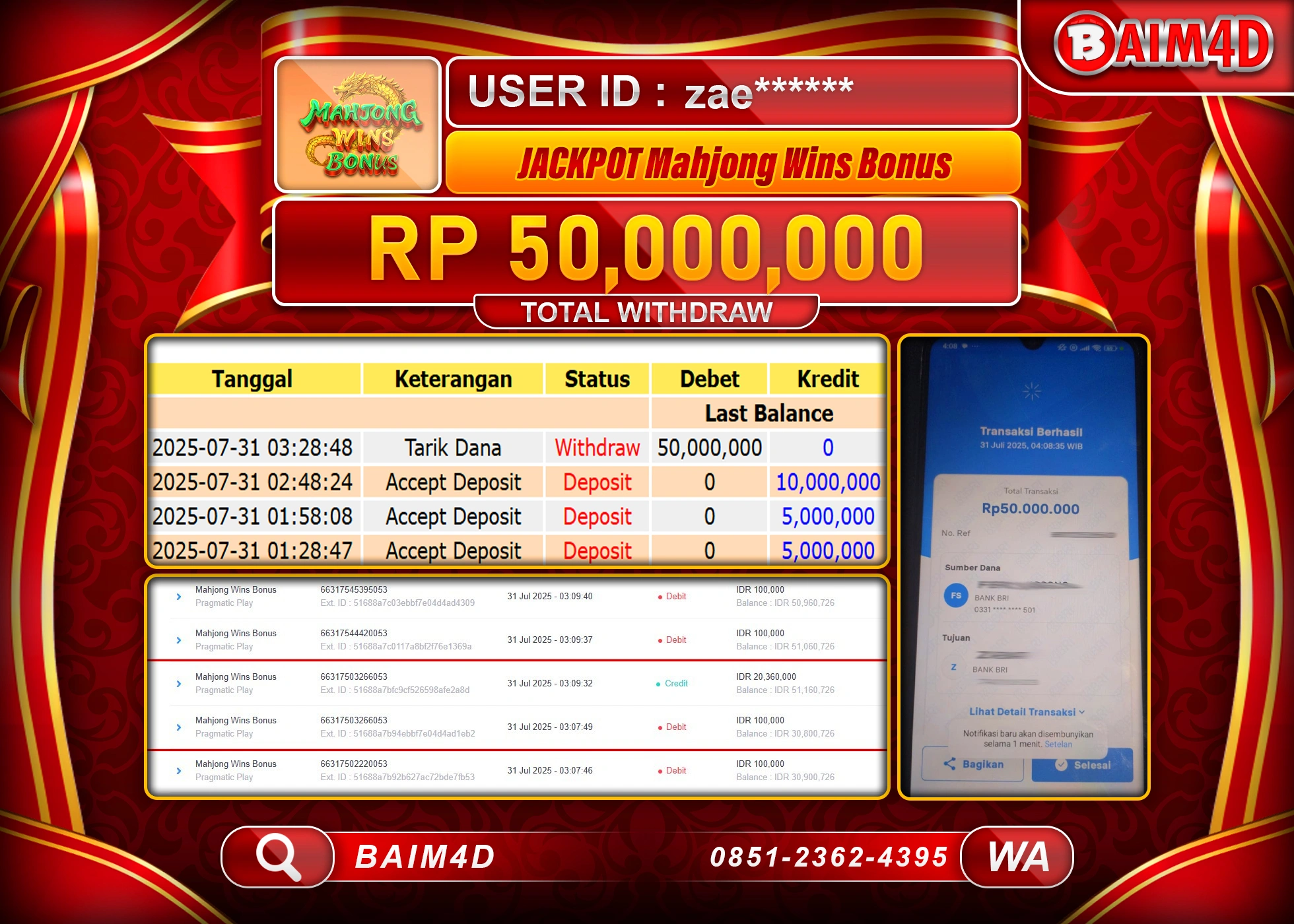 BAIM4D JACKPOT SLOT MAYHJONG WINS BONUS Rp.50,000,000.- LUNAS