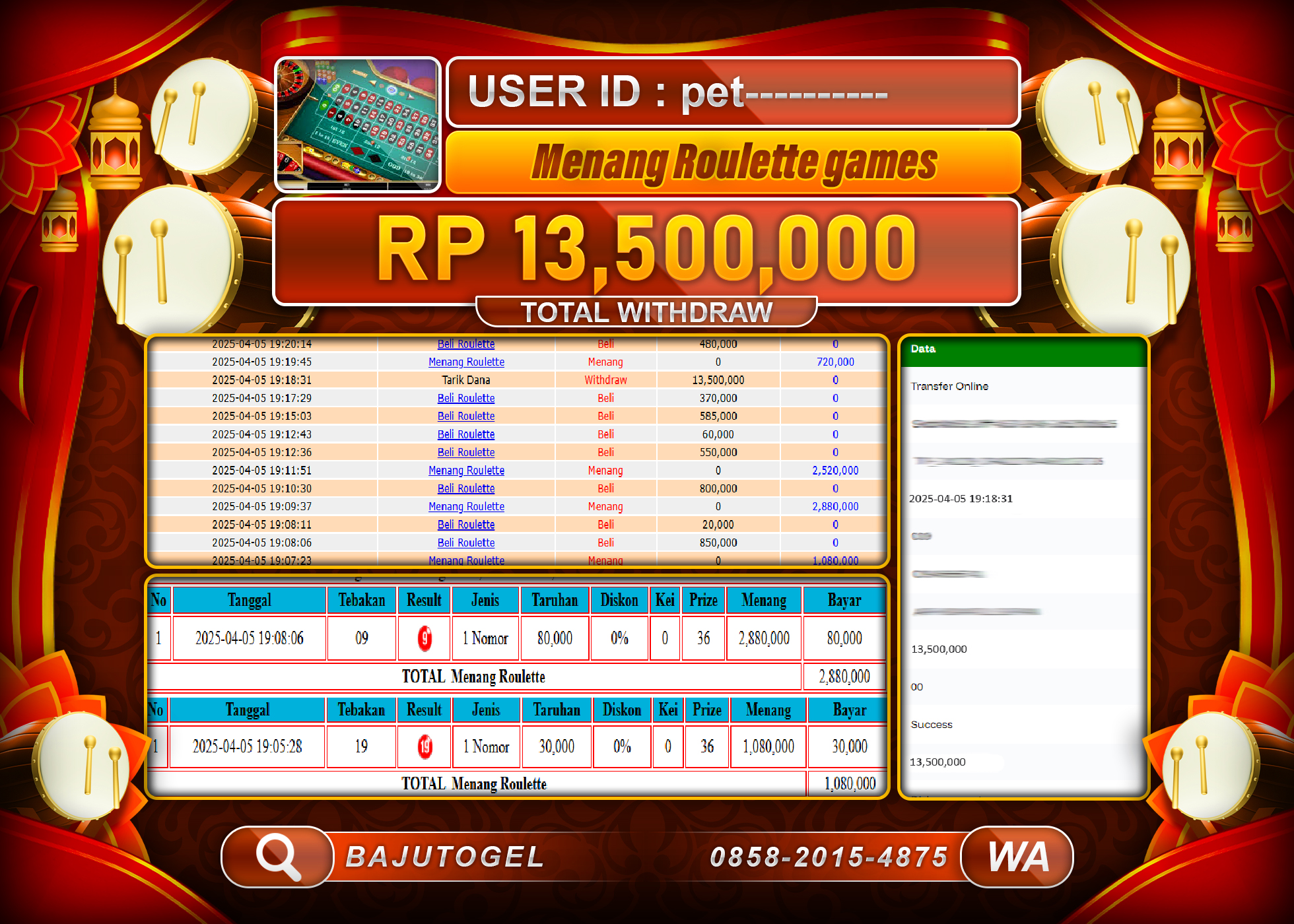 BAJUTOGEL KEMENANGAN  ROULETTE LIVE  GAMES Rp.13.500.000 LUNAS