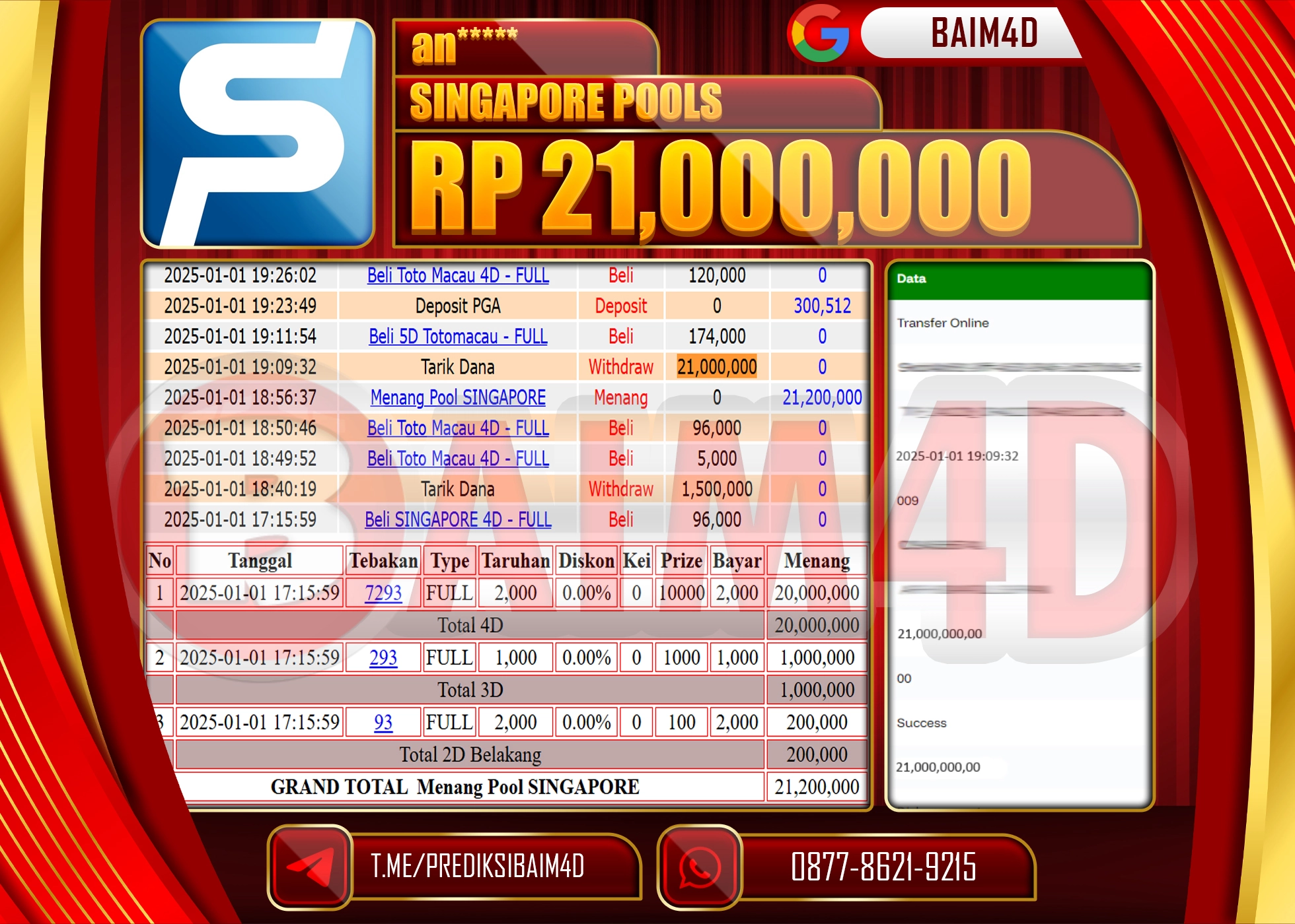 BAIM4D JACKPOT MENANG SINGAPORE POOLS Rp.21,000,000.- LUNAS