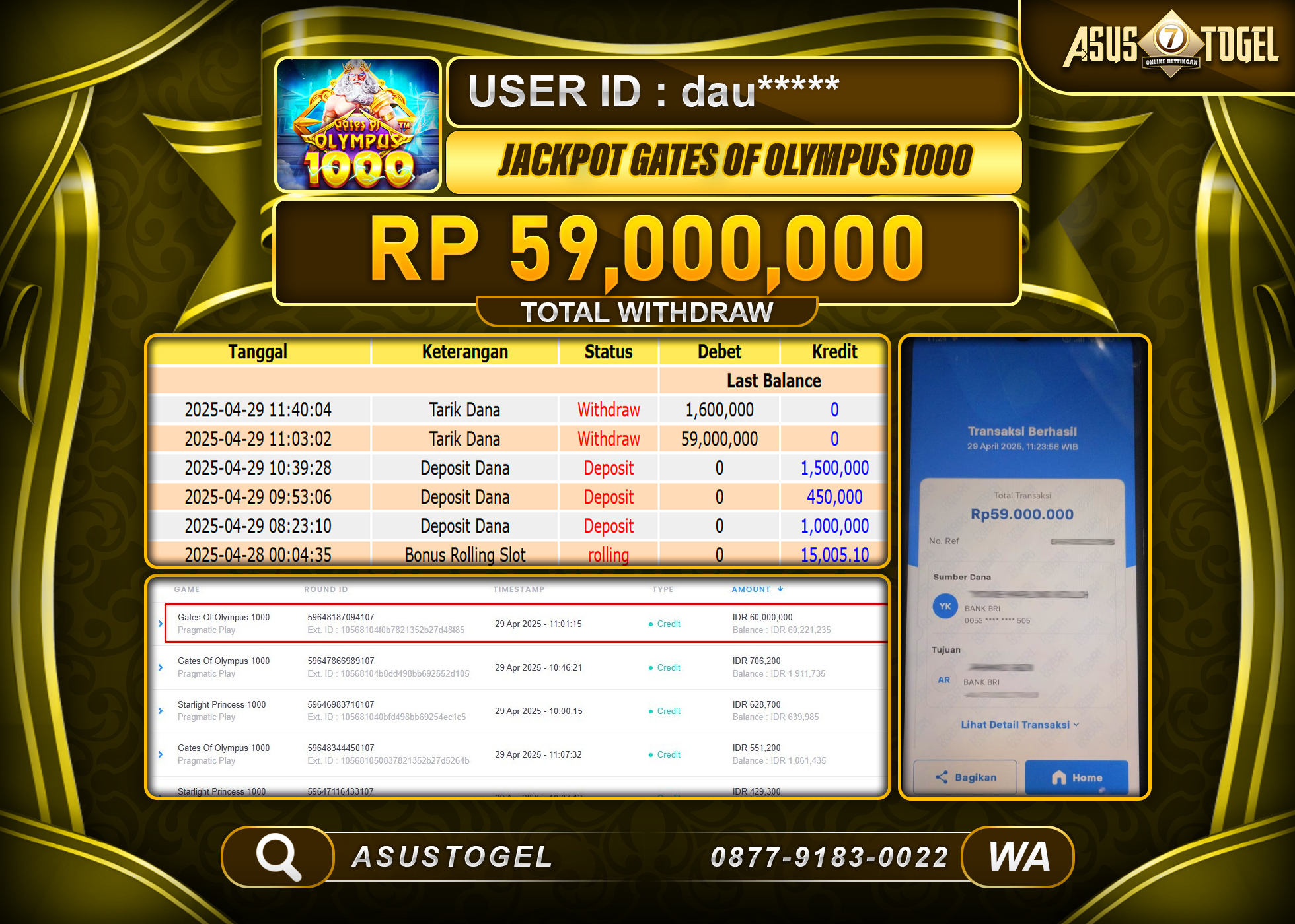 ASUSTOGEL KEMENANGAN DI SLOT GATE OF OLYMPUS 1000 SEBESAR 59,000,000- RUPIAH LUNAS