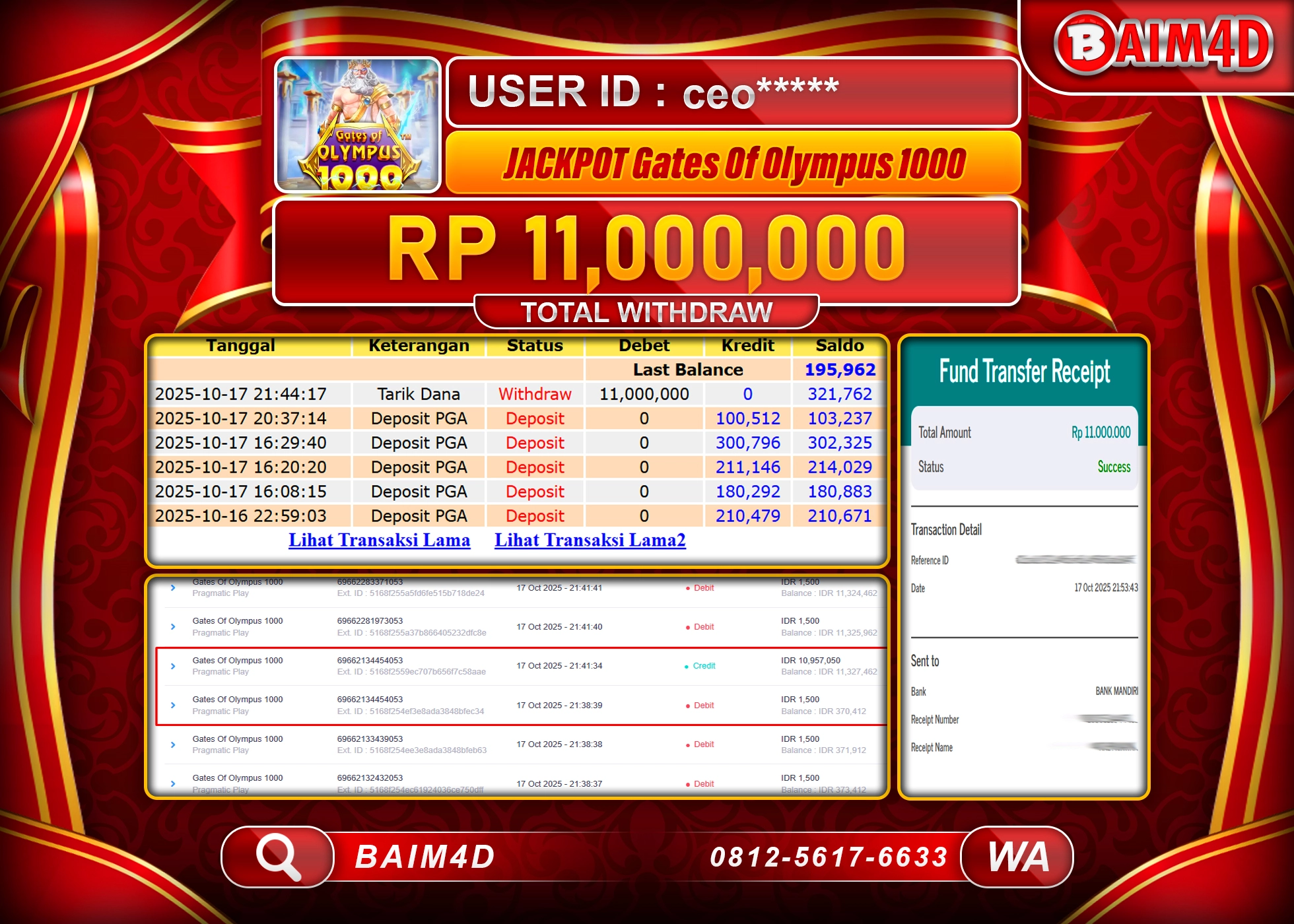 BAIM4D JACKPOT SLOT GATES OF OLYMPUS 1000 Rp.11,000,000.- LUNAS