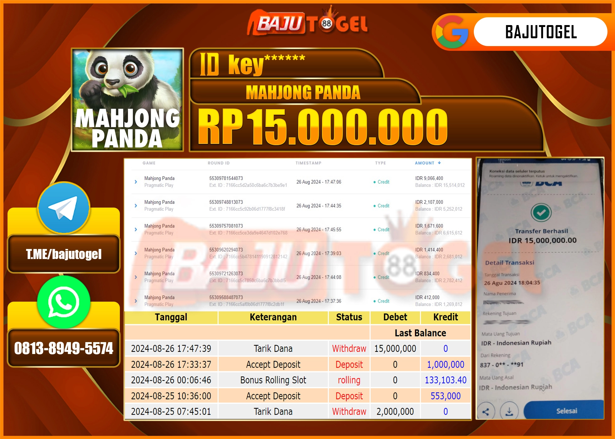BAJUTOGEL JACKPOT MAHJONG PANDA Rp.15.000.000 LUNAS
