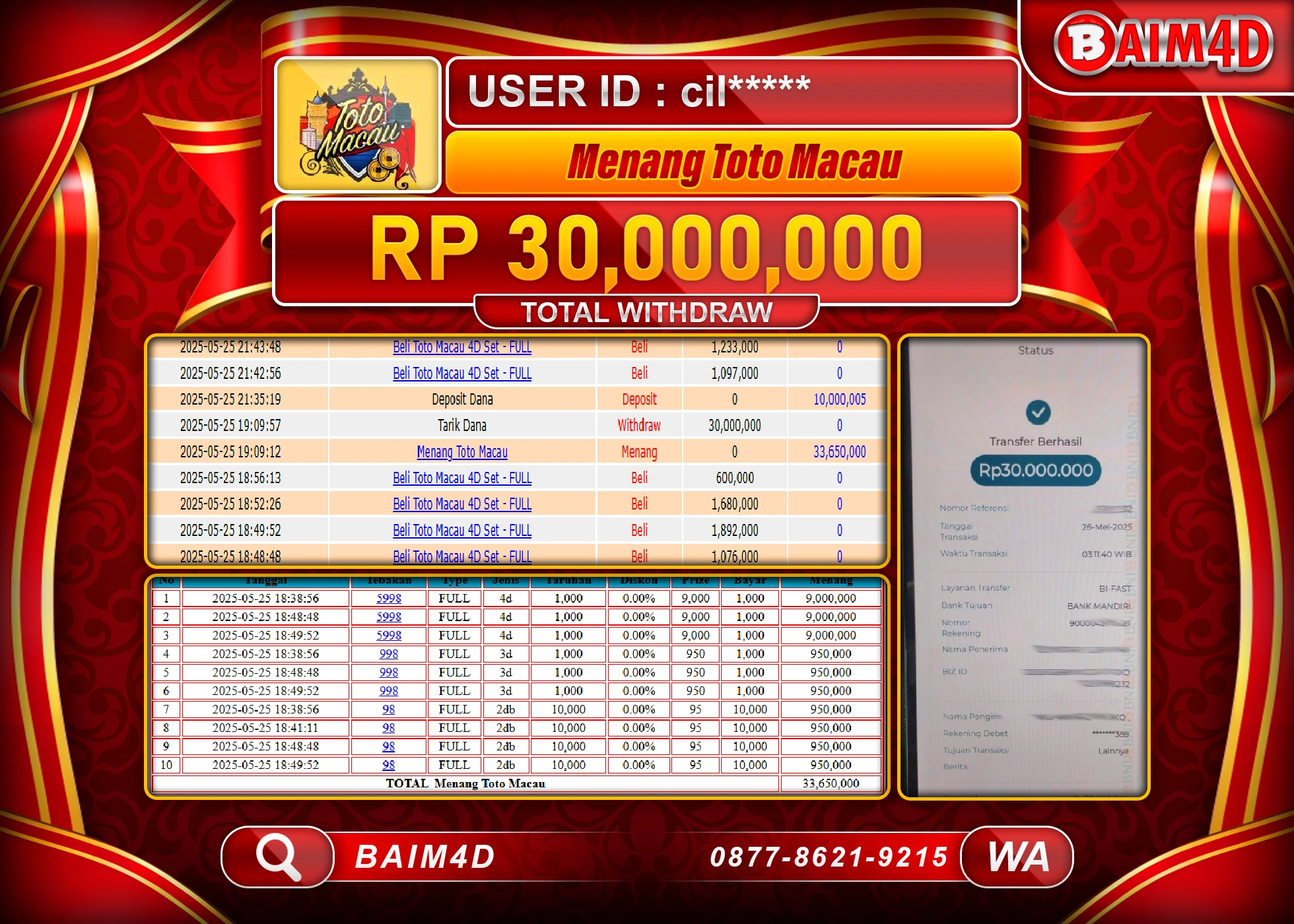 BAIM4D MENANG JACKPOT TOGEL TOTO MACAU 4D Rp30,000,000 - LUNAS