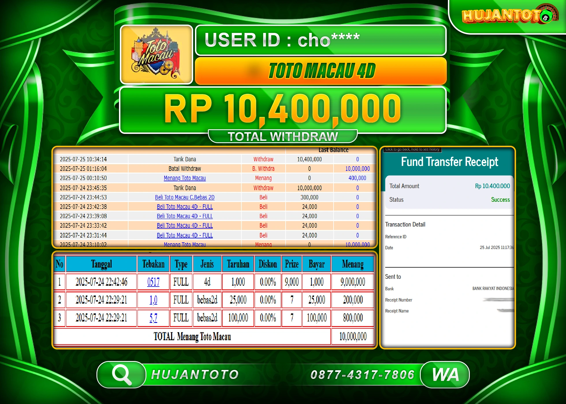 HUJANTOTO - BUKTI JACKPOT MENANG TOGEL TOTO MACAU 4D Rp.10,400,000 - TERBAYAR LUNAS