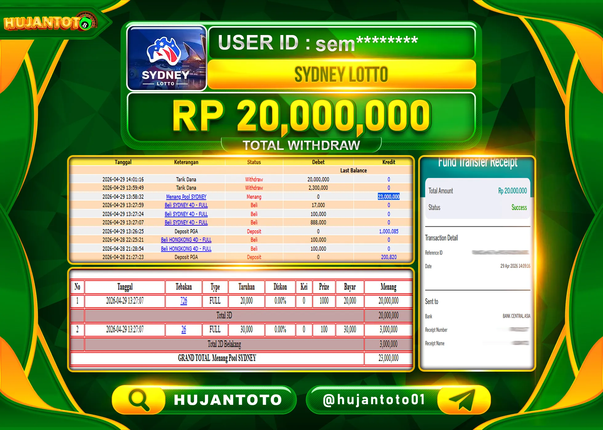 HUJANTOTO - BUKTI JACKPOT MENANG TOGEL SYDNEY LOTTO Rp.20,000,000 - TERBAYAR LUNAS