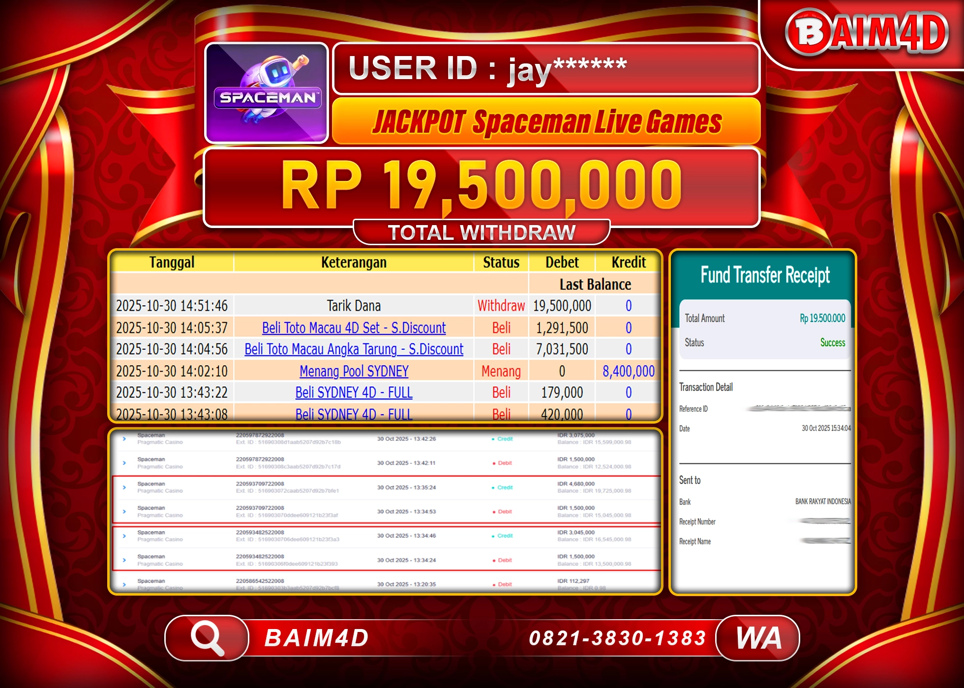 BAIM4D JACKPOT SLOT SPACEMAN LIVE GAMES Rp.19,500,000 - LUNAS