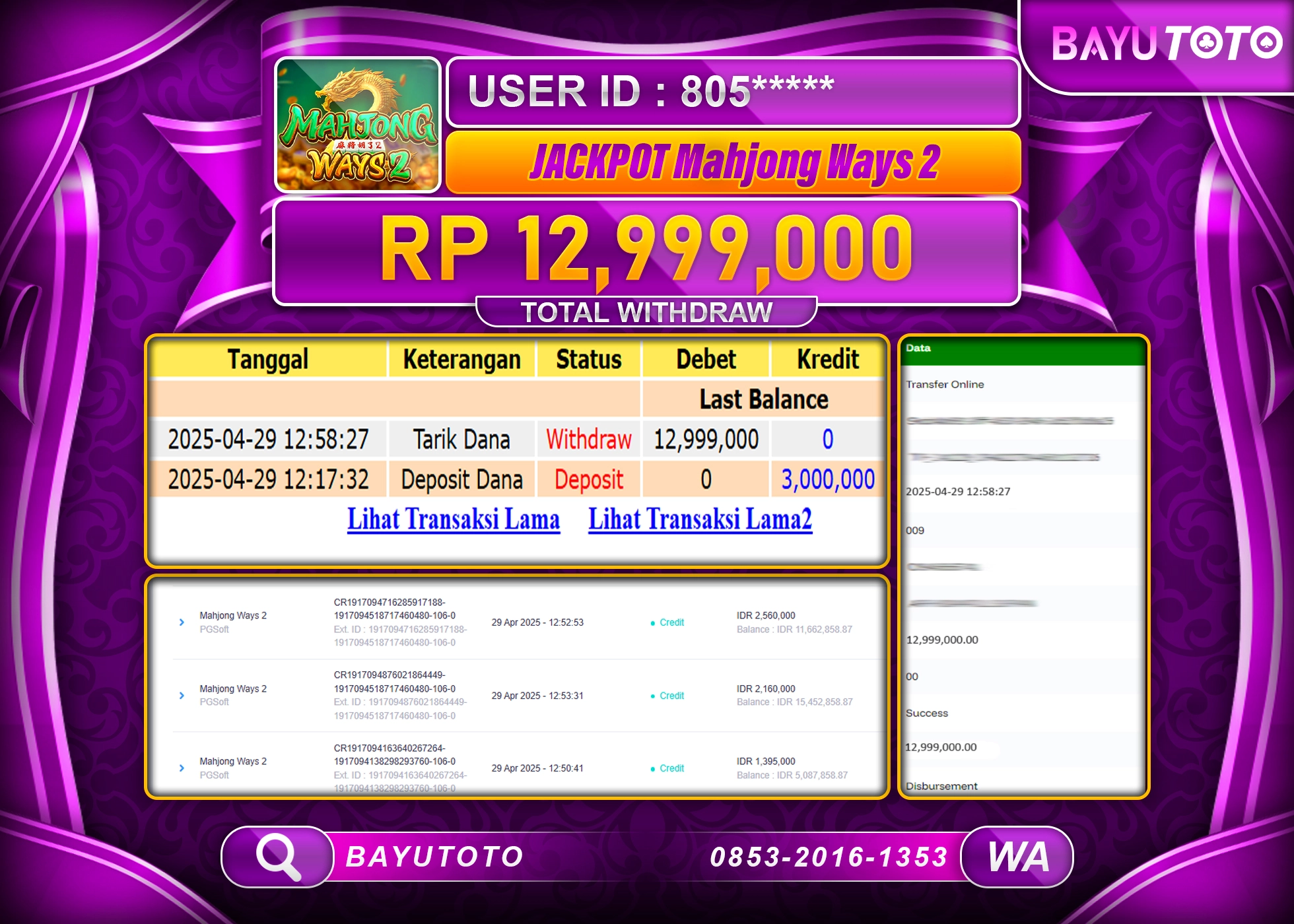 BAYUTOTO JACKPOT  Mahjong Ways PGSoft  Rp.12,999,000 LUNAS