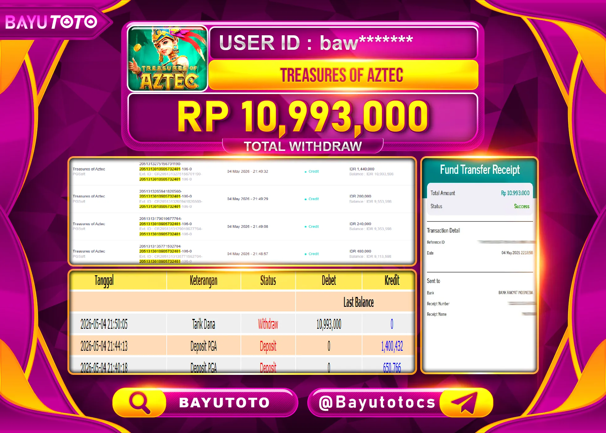 SELAMAT MEMBER SETIA BAYUTOTO JACKPOT DI SLOT TREASURE OF AZTEC  Rp. 10,993,000 LUNAS