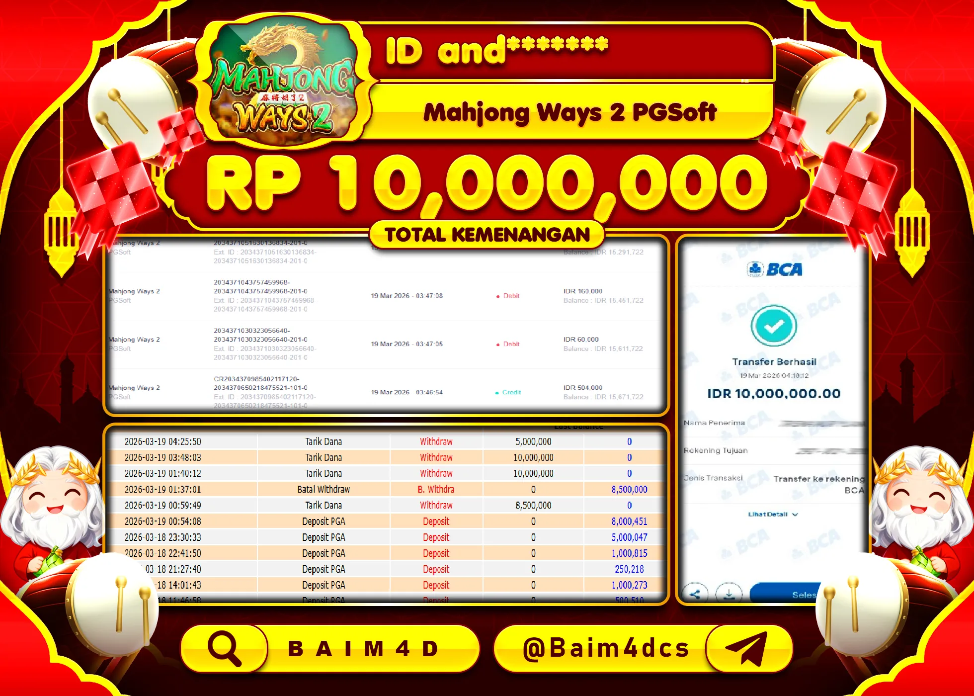 BAIM4D JACKPOT SLOT MAHYONG WAYS 2 PG SOFT Rp.10,000,000 - LUNAS