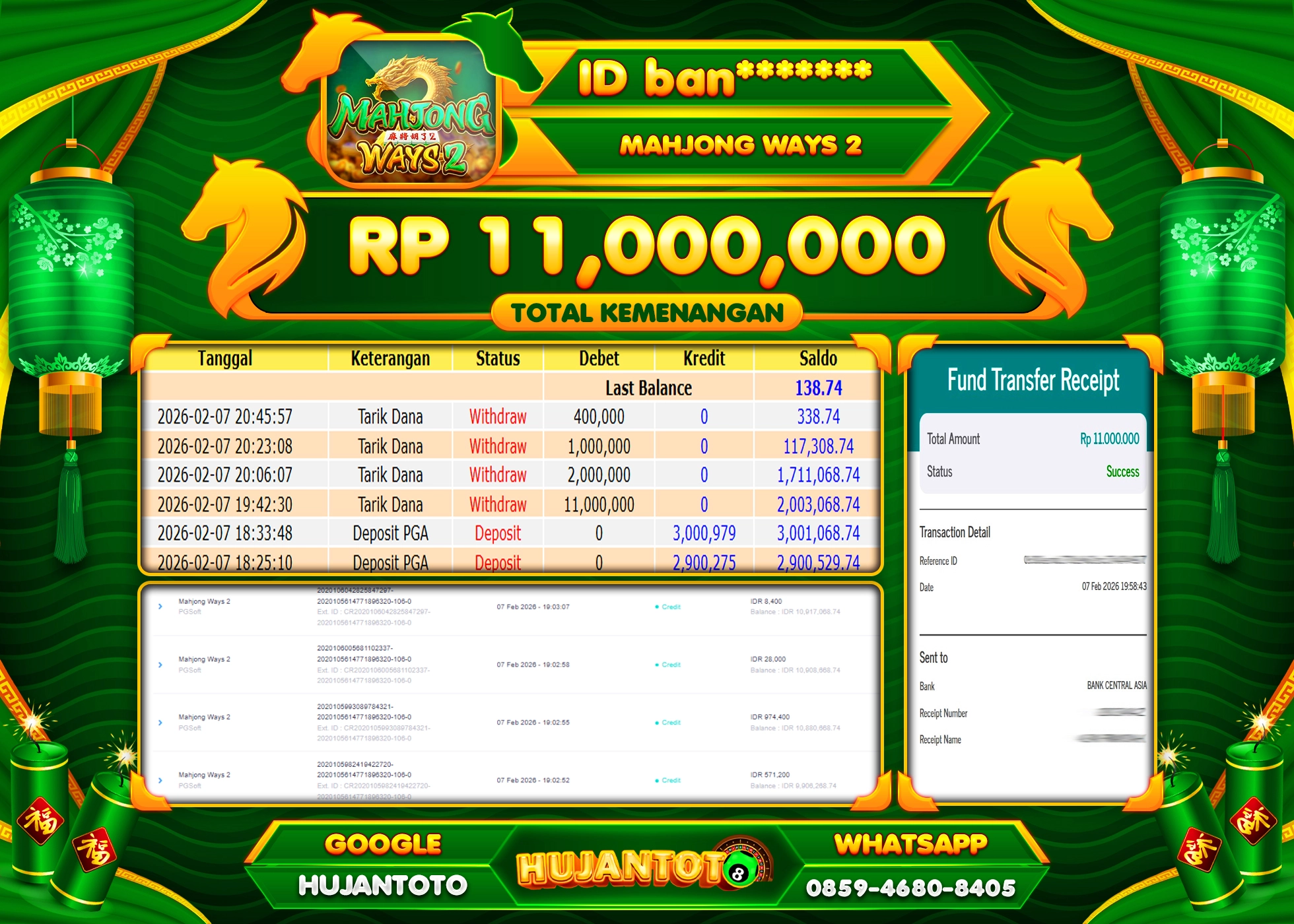 HUJANTOTO - BUKTI JACKPOT MENANG SLOT MAHJONG WAYS 2 Rp.11,000,000 - TERBAYAR LUNAS
