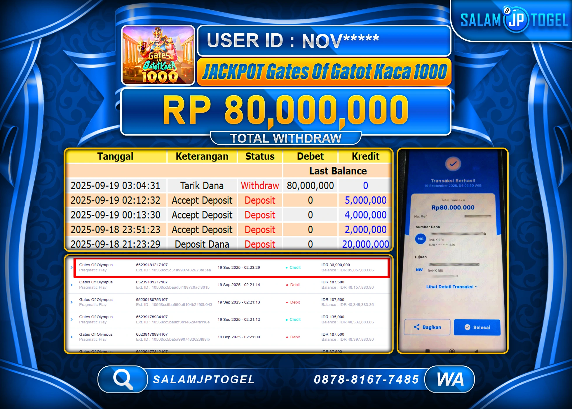 SALAMJPTOGEL MENANG GATES OF GATOT KACA 1000  Rp.80,000,000
