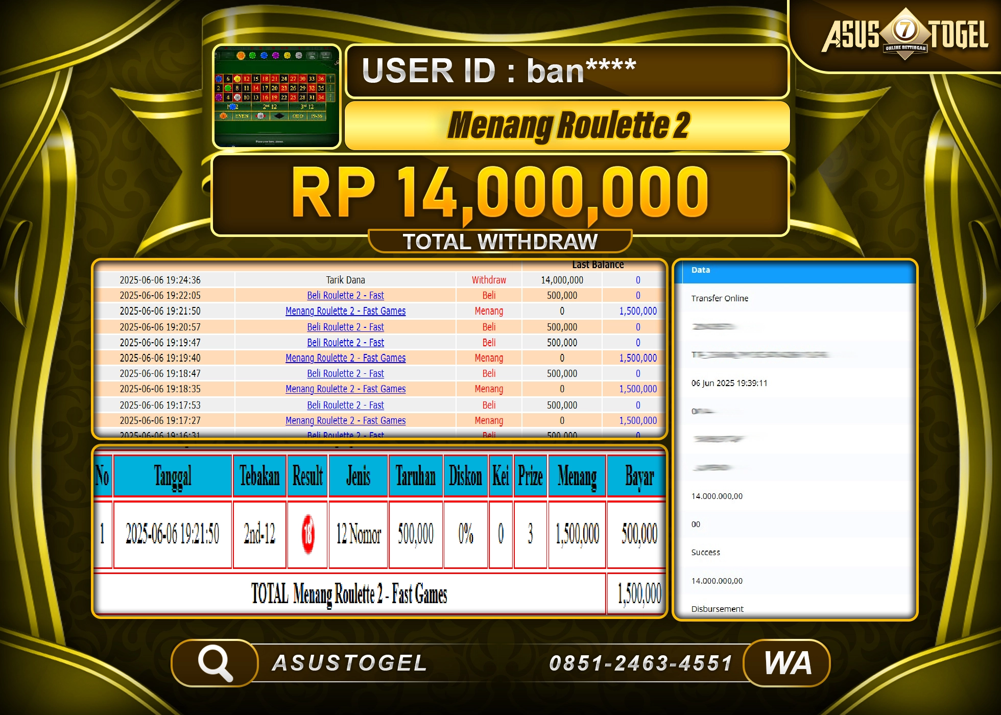 ASUSTOGEL KEMENANGAN DI LIVE GAME ROULETTE 2 SEBESAR 14,000,000- RUPIAH LUNAS