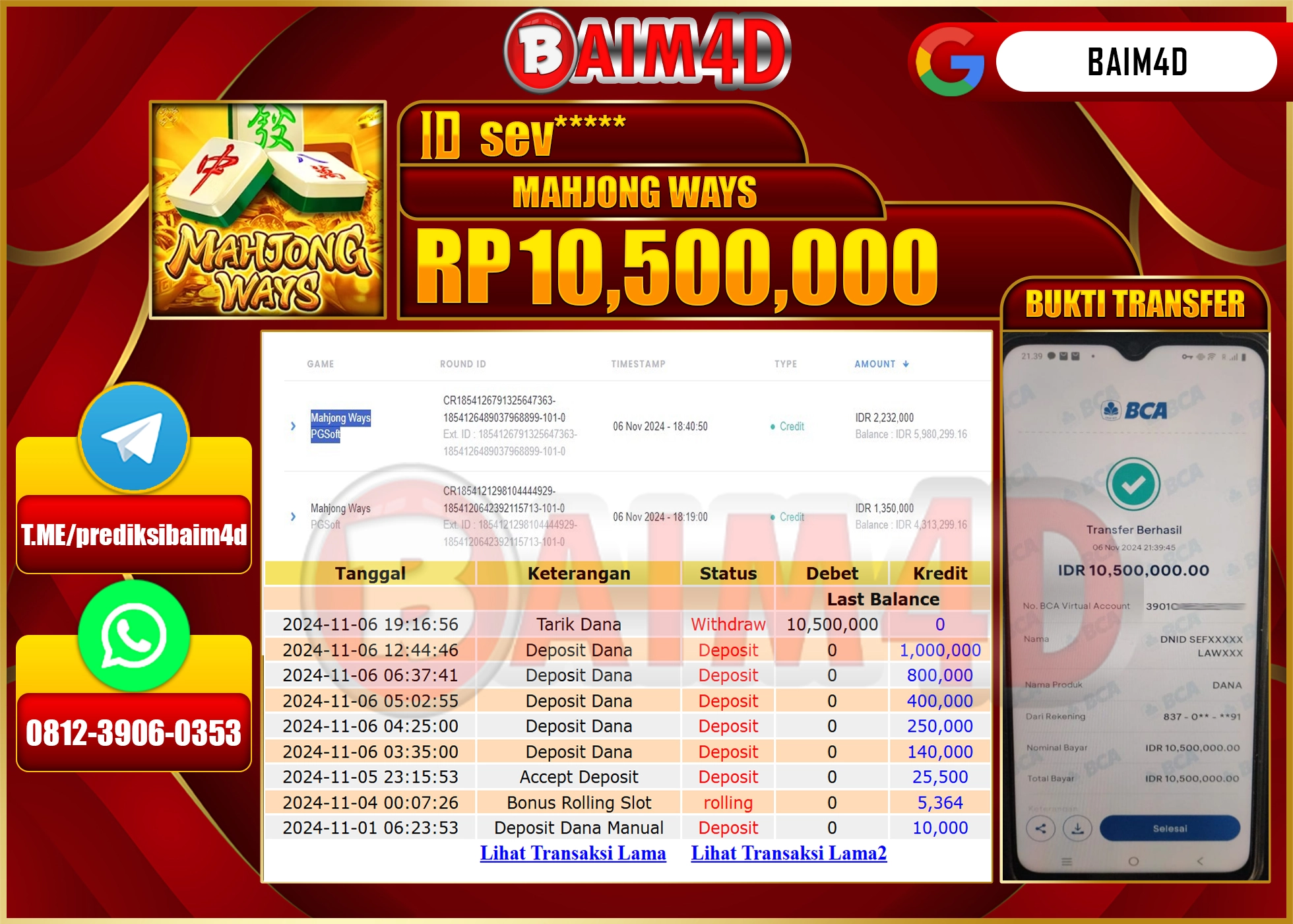 BAIM4D JACKPOT PG SOFT MAHJONG WAYS Rp.10.500,000.- LUNAS