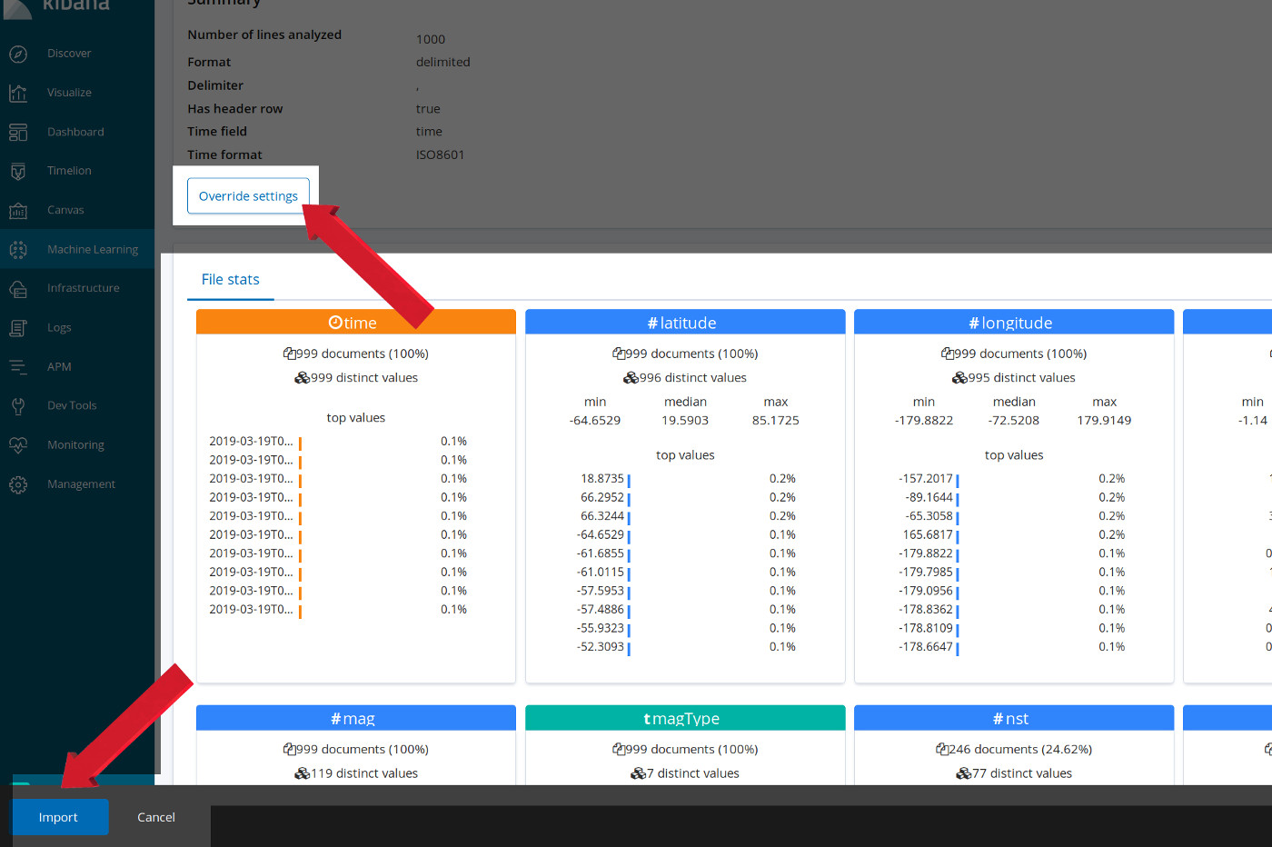 Click Override Settings to adjust the fields and data of the CSV index, and then click Import to import the data into an Elasticsearch index