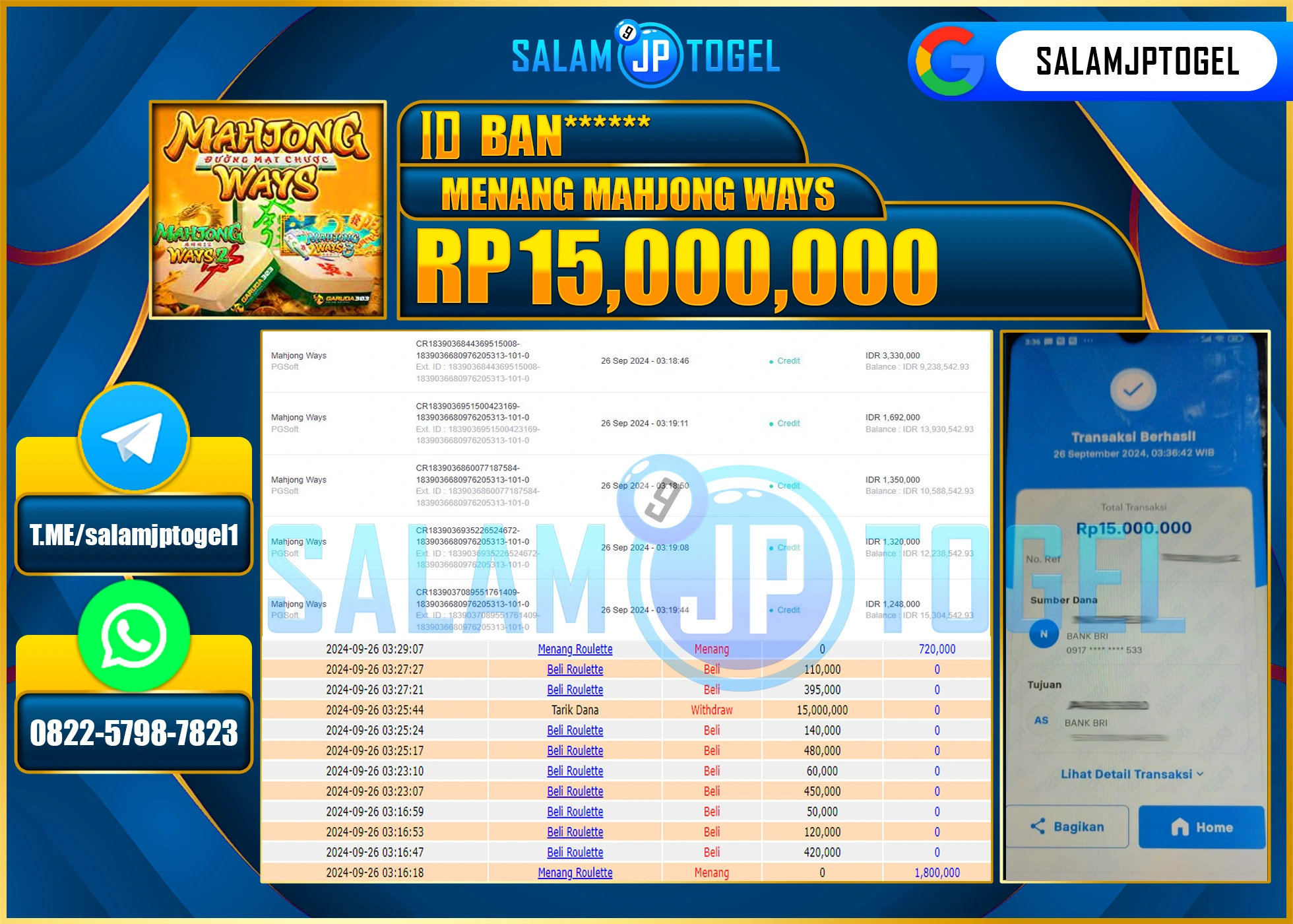 SALAMJPTOGEL MENANG SLOT MAHJONG WAYS RP. 15,000,000 LUNAS