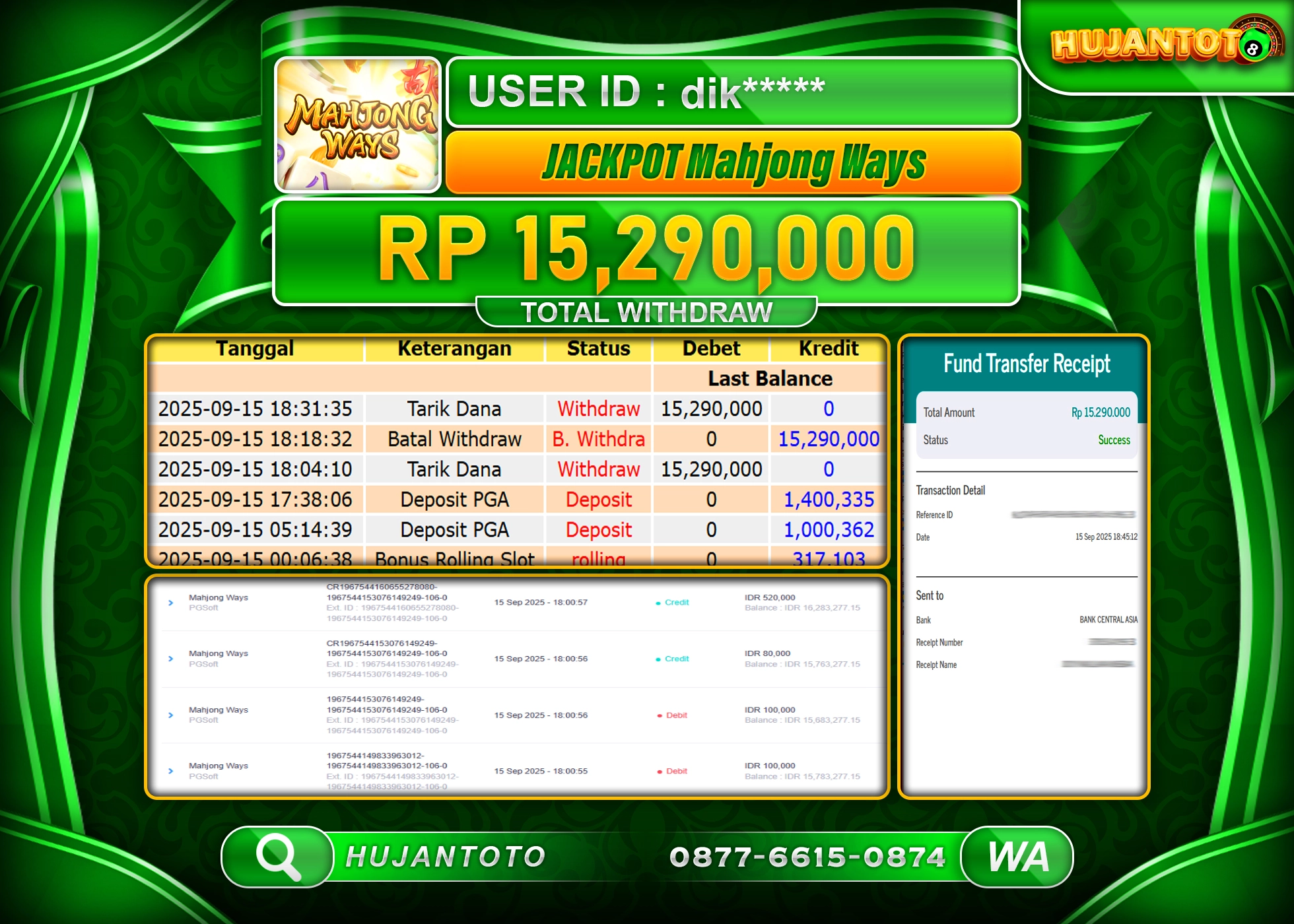 HUJANTOTO - BUKTI JACKPOT MENANG SLOT MAHJONG WAYS  Rp.15,290,000 - TERBAYAR LUNAS