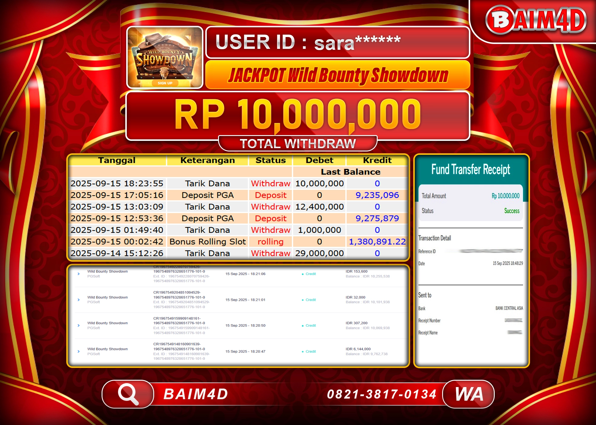 BAIM4D JACKPOT SLOT WILD BOUNTY SHOWDOWN Rp.10,000,000.- LUNAS