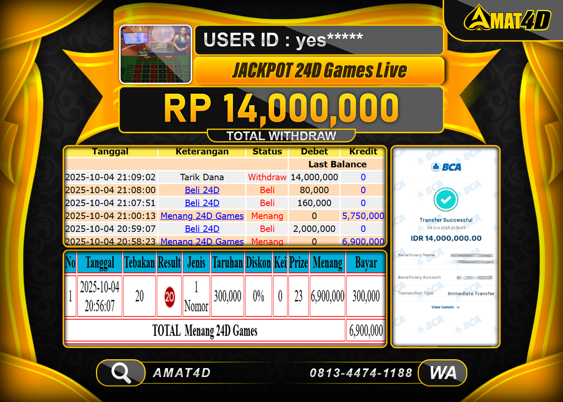 AMAT4D KEMENANGAN LIVE CASINO 24D GAMES Rp.14.000.000 BERHASIL TERBAYAR LUNAS
