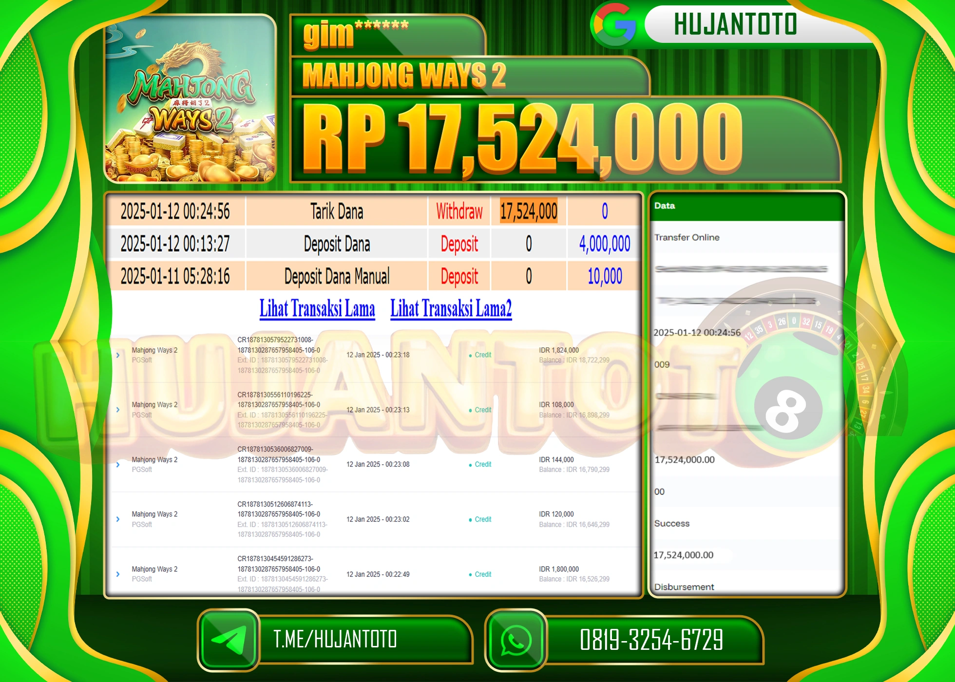 HUJANTOTO - BUKTI JACKPOT DI PERMAINAN SLOT MAHJONG WAYS 2  Rp. 17,524,000 - TERBAYAR LUNAS